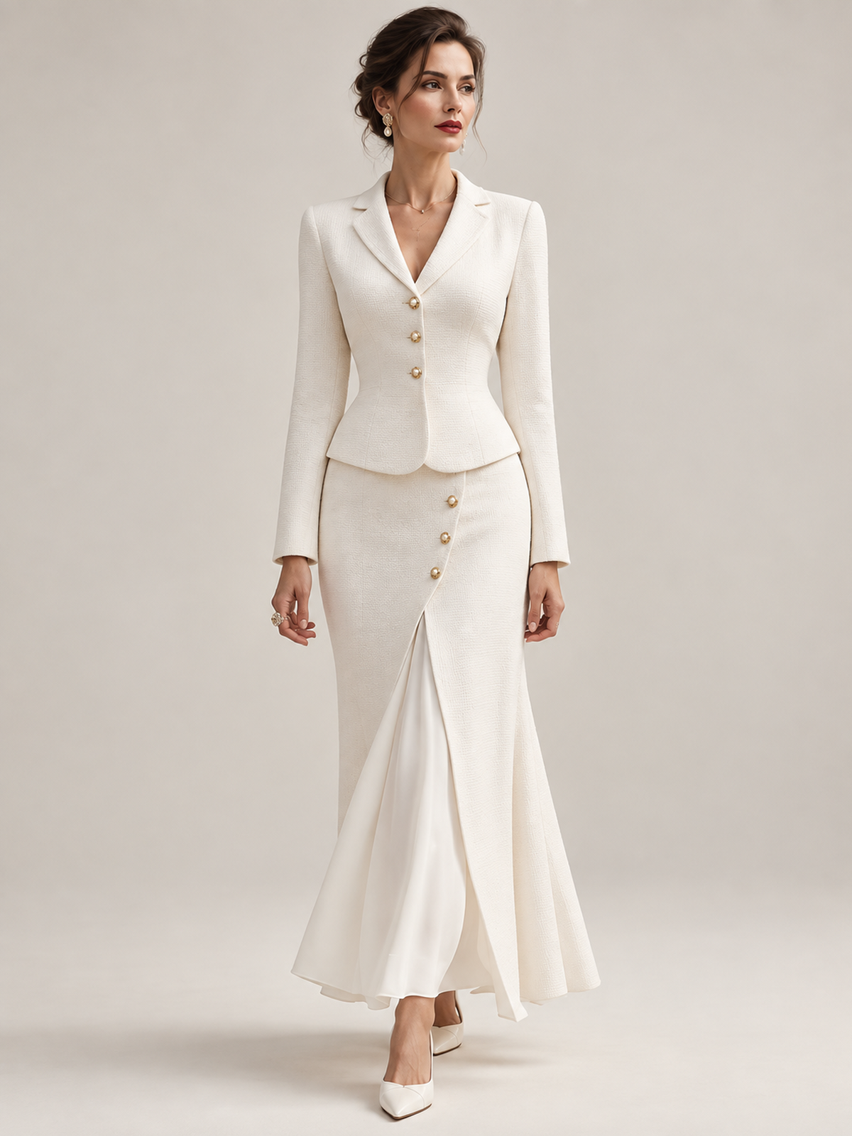Cream Tailored Blazer And Asymmetrical Layered Midi Skirt 2-Piece Suit