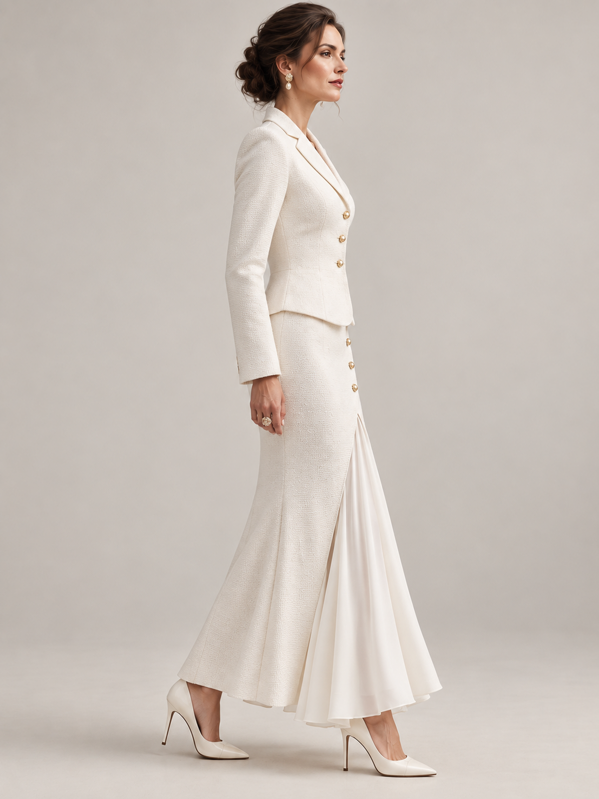 Cream Tailored Blazer And Asymmetrical Layered Midi Skirt 2-Piece Suit