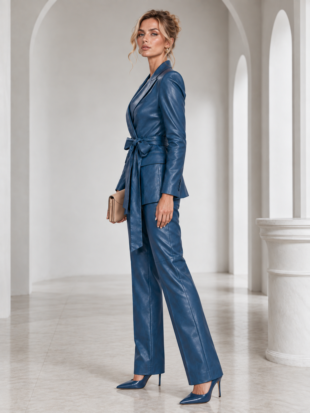 Lake Blue Belted Blazer With Peak Lapels And Pants 2-Piece Suit