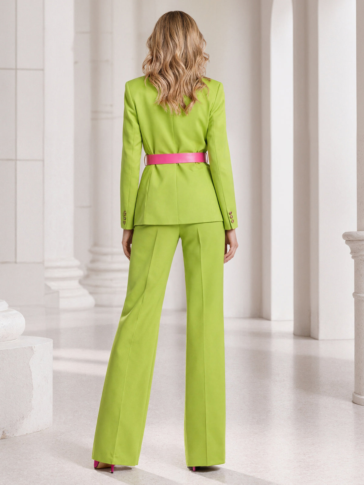 Yellow Green Belted Blazer With Peak Lapels And Wide Leg Flared Pants 2-Piece Suit