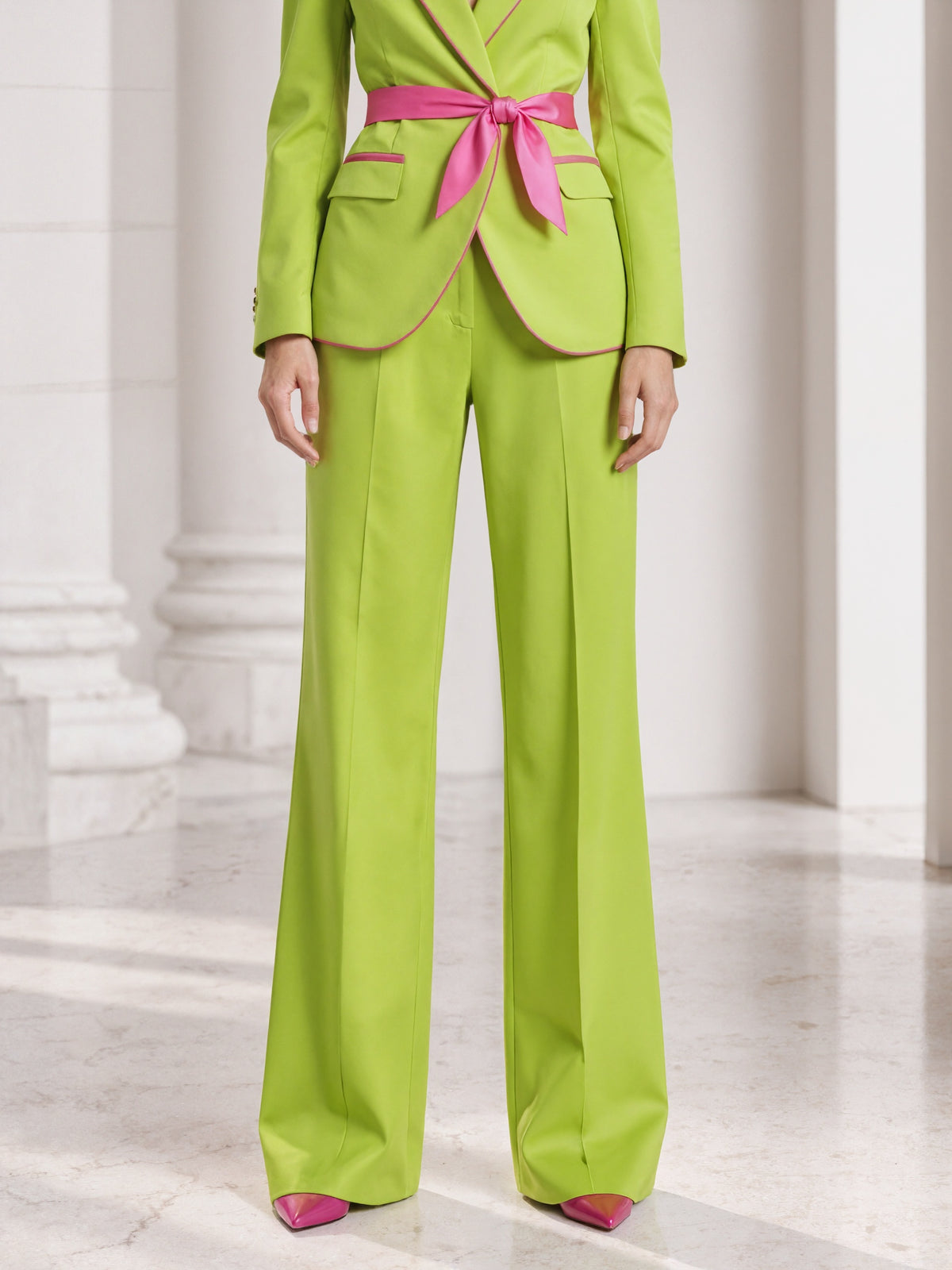 Yellow Green Belted Blazer With Peak Lapels And Wide Leg Flared Pants 2-Piece Suit