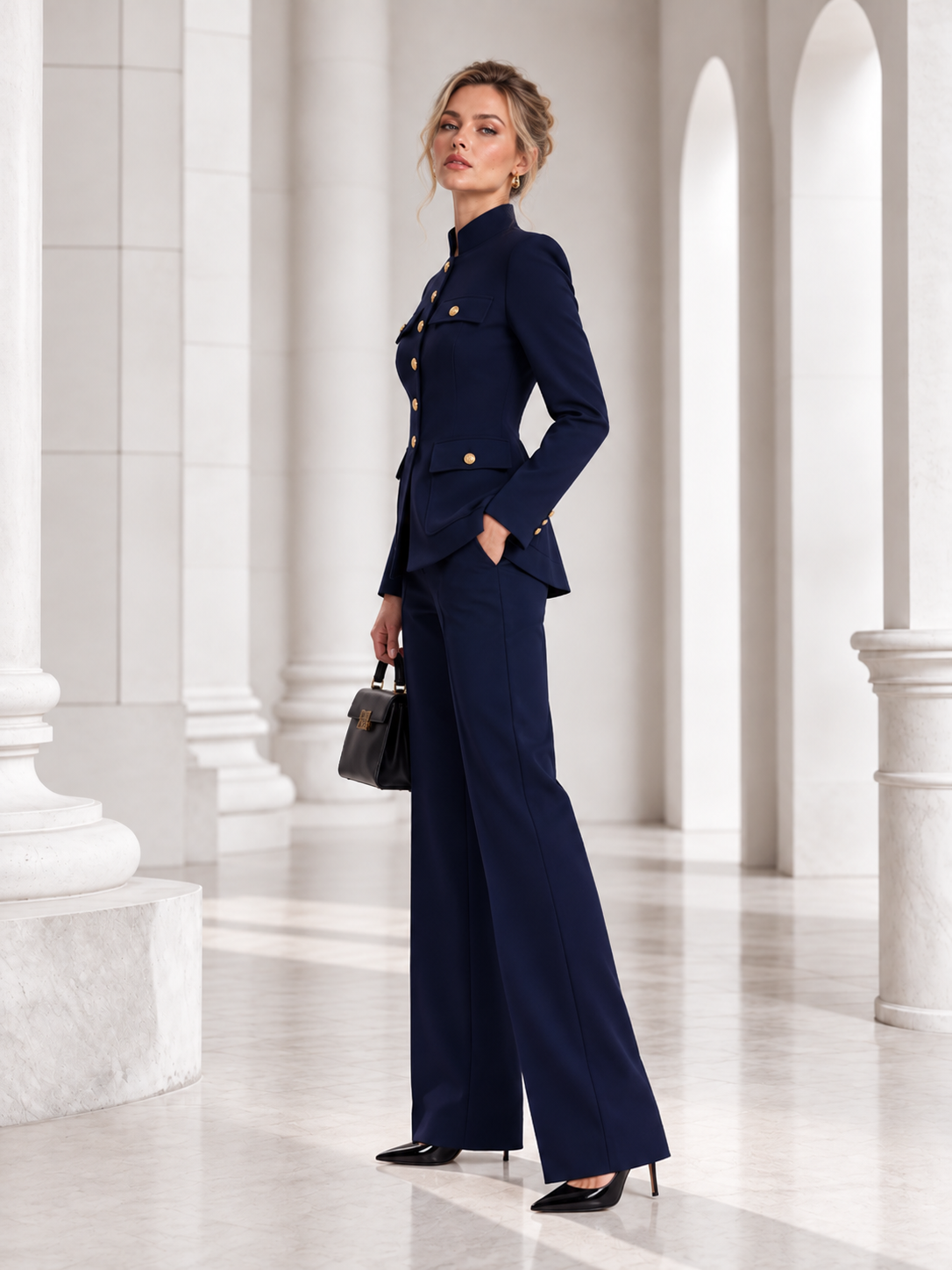 Dark Blue Stand Collar Blazer Paired With Wide Leg Flared Pants 2-Piece Suit