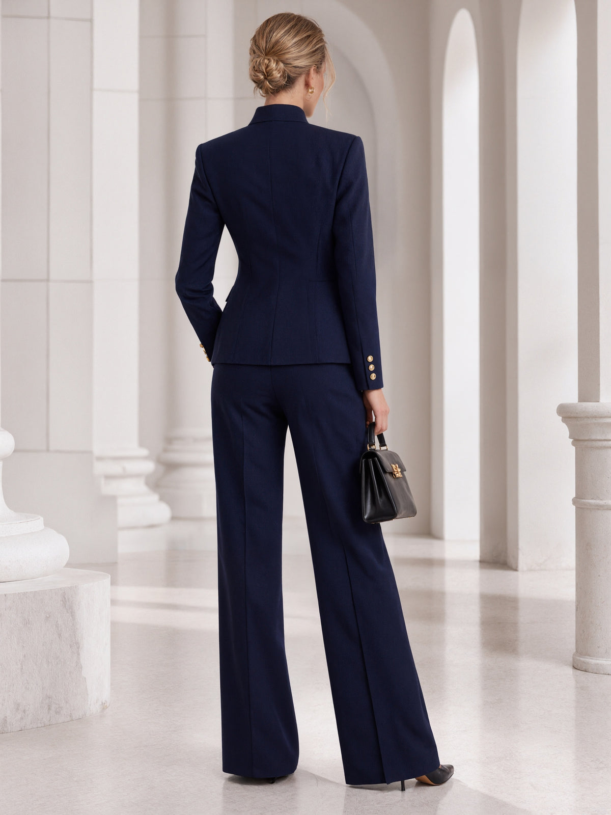 Dark Blue Stand Collar Blazer Paired With Wide Leg Flared Pants 2-Piece Suit
