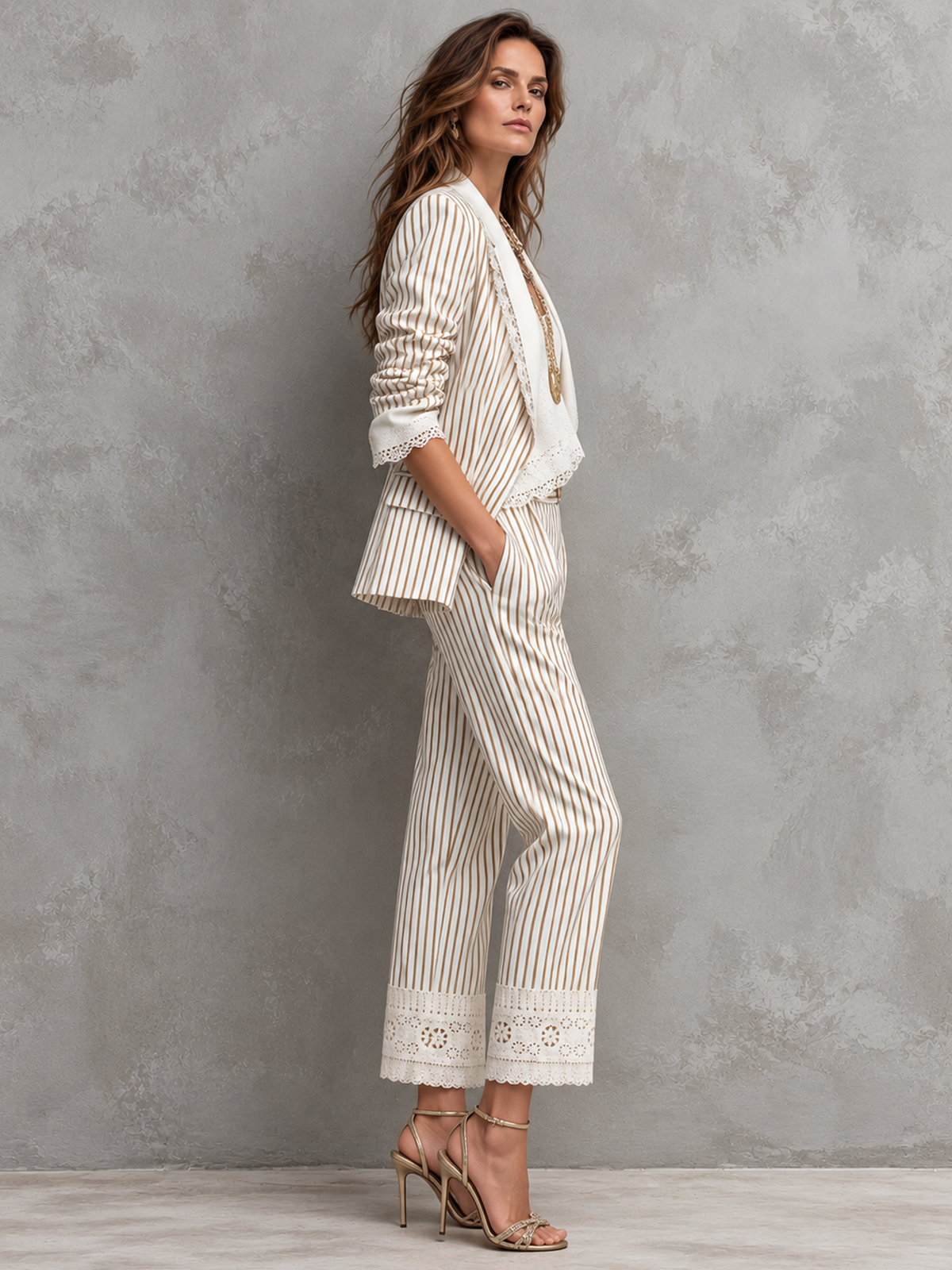 Beige White Vertical Striped With Lace Trim Blazer And Eyelet Cropped Pants 2-Piece Suit