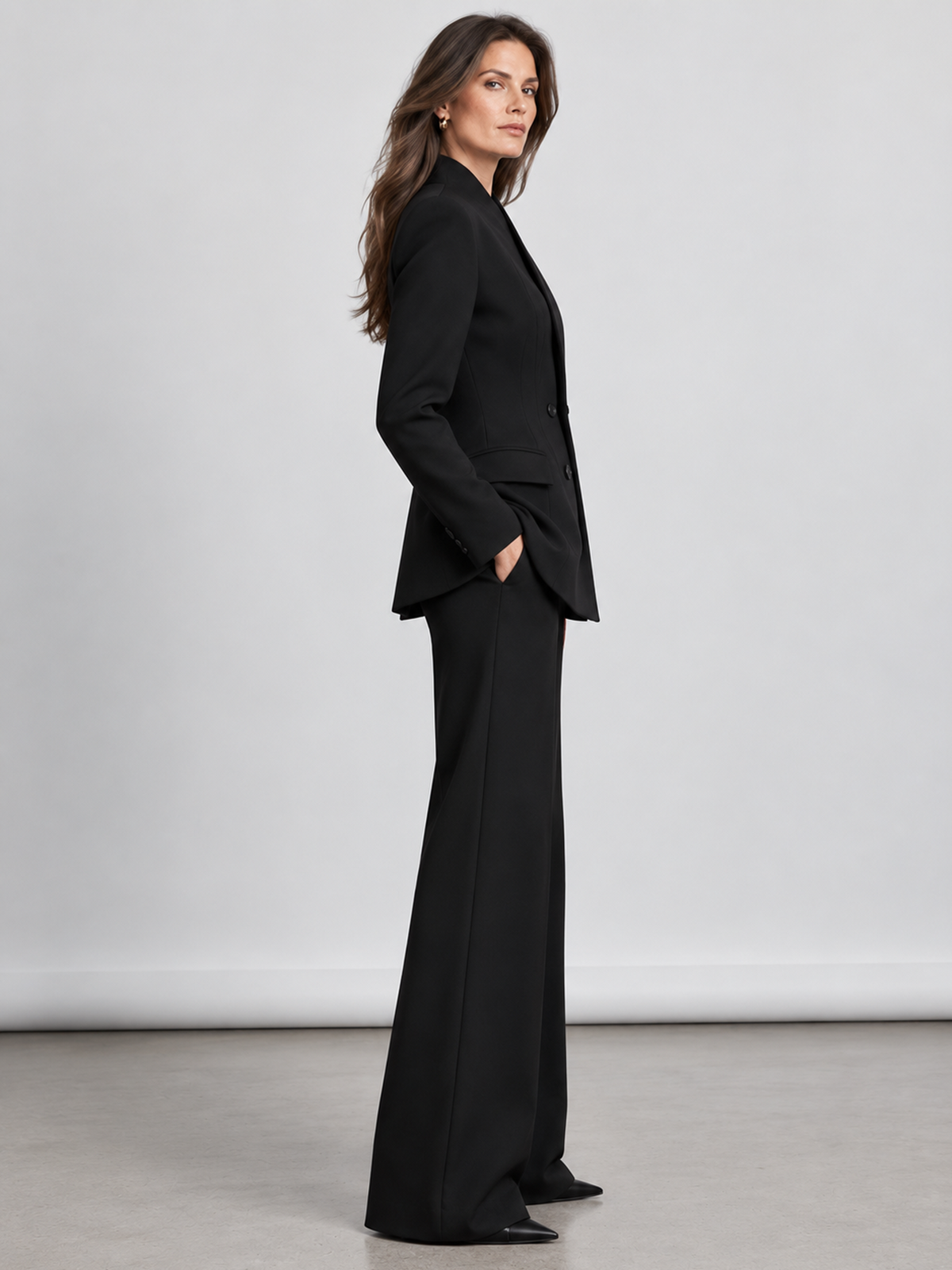 Black Stand Collar Double Breasted Blazer And High Waist Wide Leg Pants 2-Piece Suit