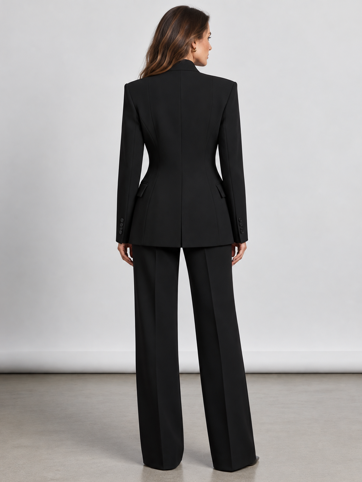 Black Stand Collar Double Breasted Blazer And High Waist Wide Leg Pants 2-Piece Suit