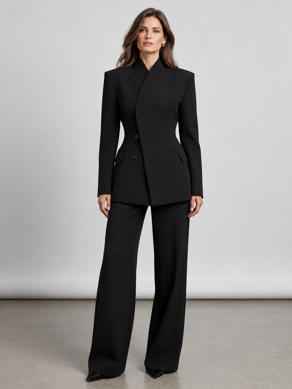 Black Stand Collar Double Breasted Blazer And High Waist Wide Leg Pants 2-Piece Suit