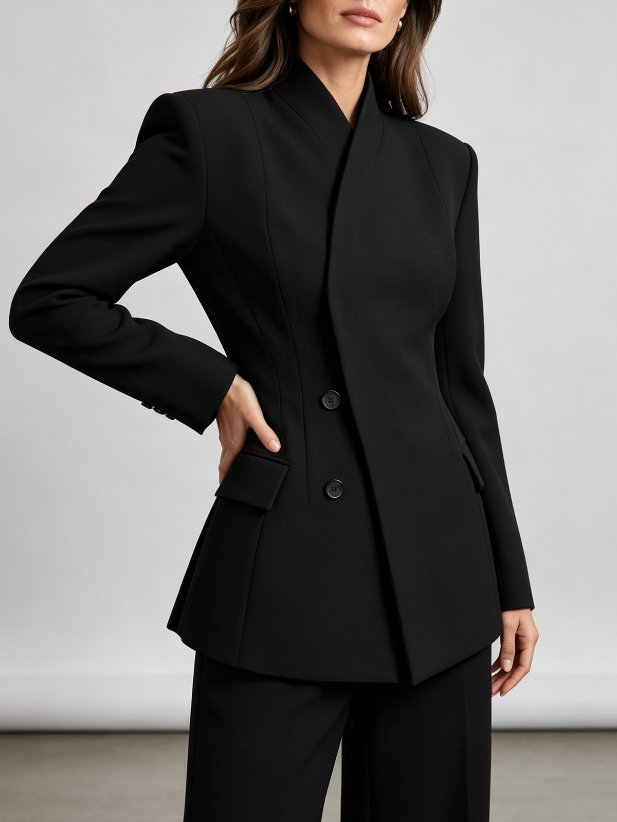 Black Stand Collar Double Breasted Blazer And High Waist Wide Leg Pants 2-Piece Suit