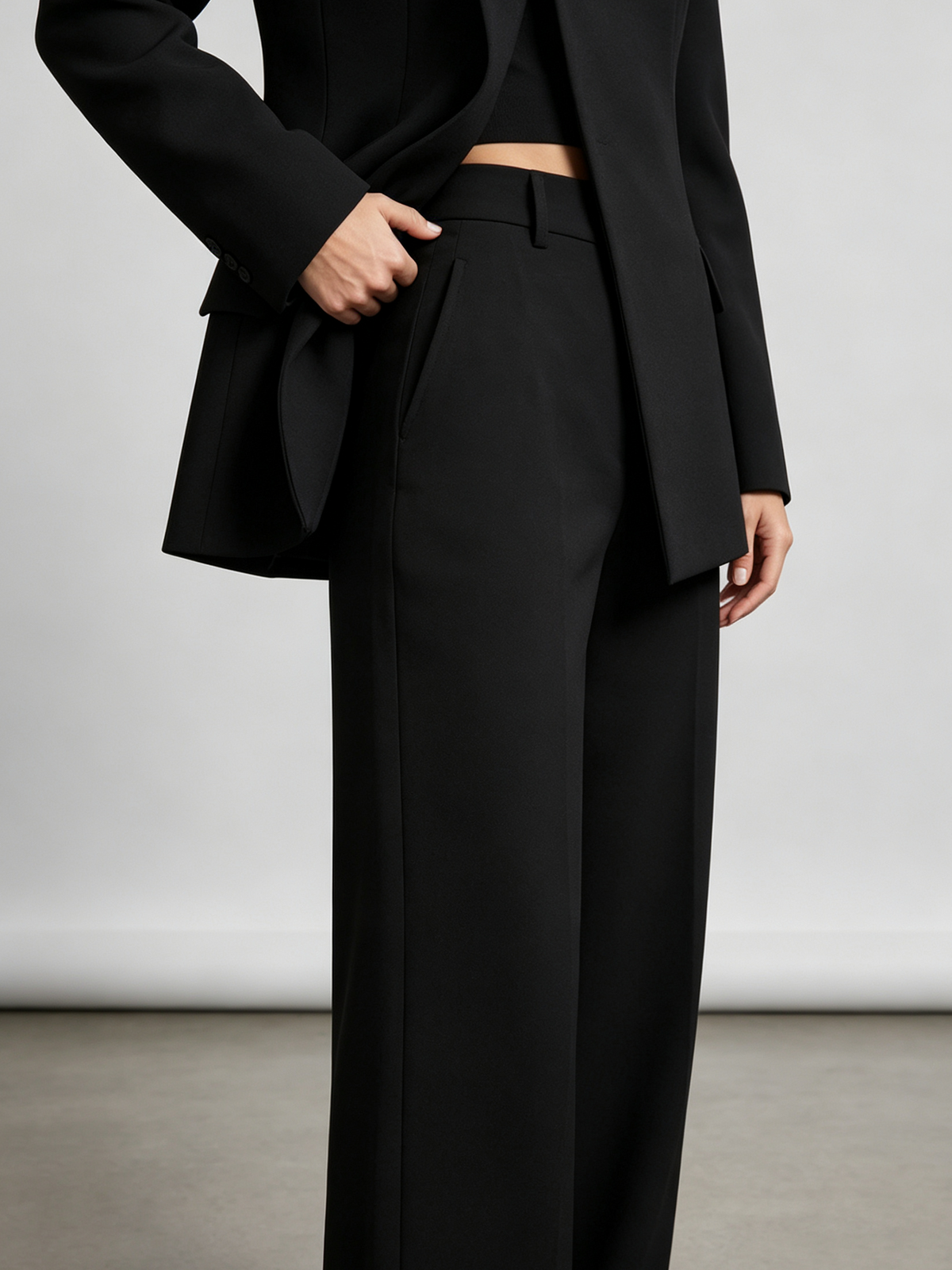 Black Stand Collar Double Breasted Blazer And High Waist Wide Leg Pants 2-Piece Suit