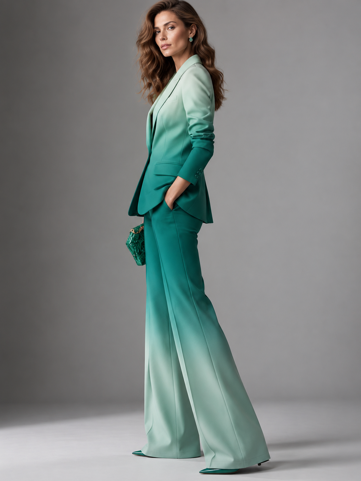 Gradient Green Ombre Peak Lapel Blazer And Flared Pants 2-Piece Suit