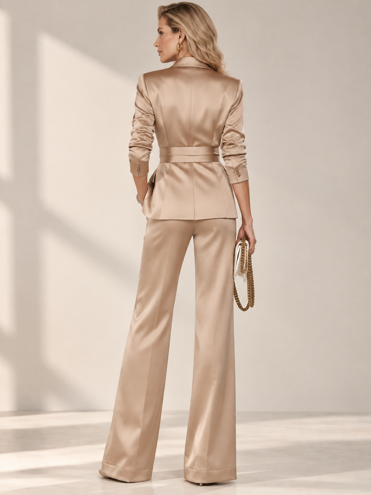 Champagne Satin Peak Lapel Blazer And High Waist Wide Leg Pants 2-Piece Suit
