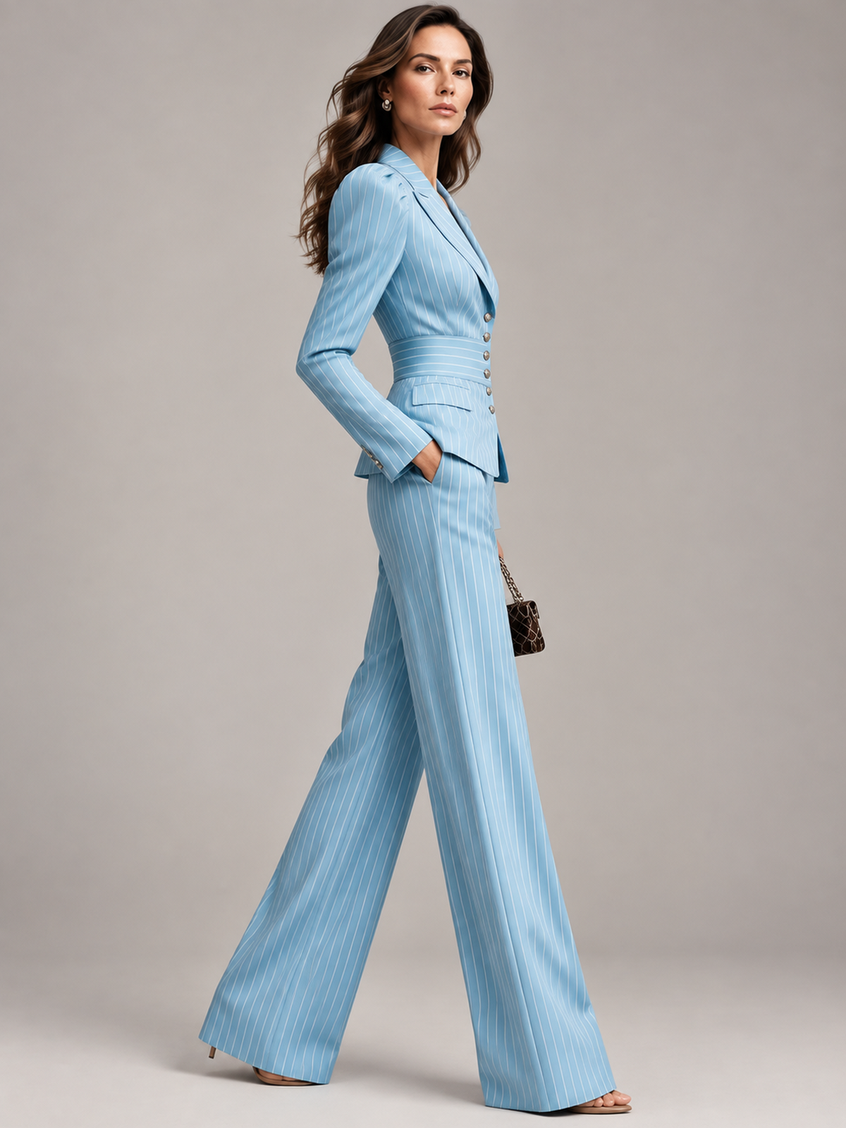 Light Blue Pinstripe Puff Sleeve Peak Lapel Blazer And High Waist Wide Leg Pants 2-Piece Suit