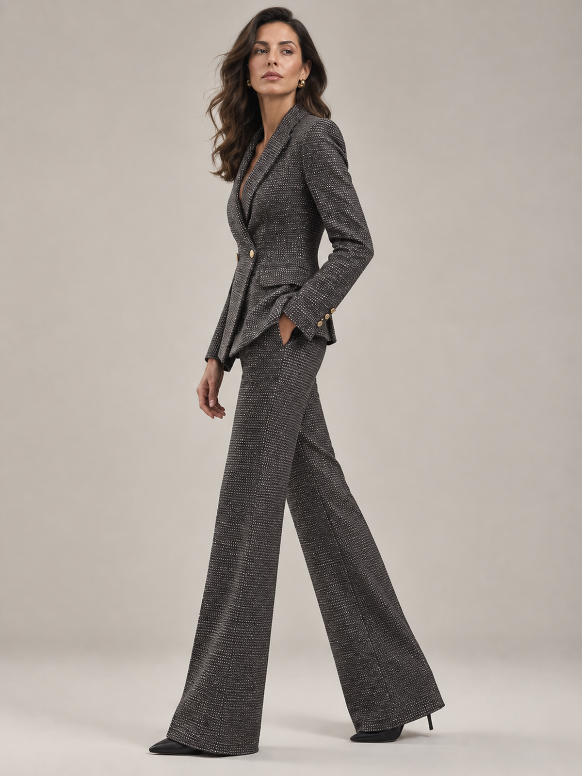 Grey Speckled Tweed Double Breasted Peak Lapel Blazer And High Waist Flared Pants 2-Piece Suit