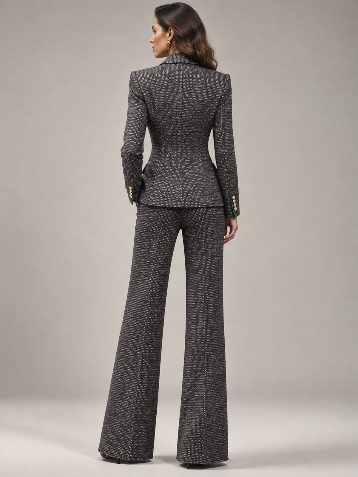 Grey Speckled Tweed Double Breasted Peak Lapel Blazer And High Waist Flared Pants 2-Piece Suit