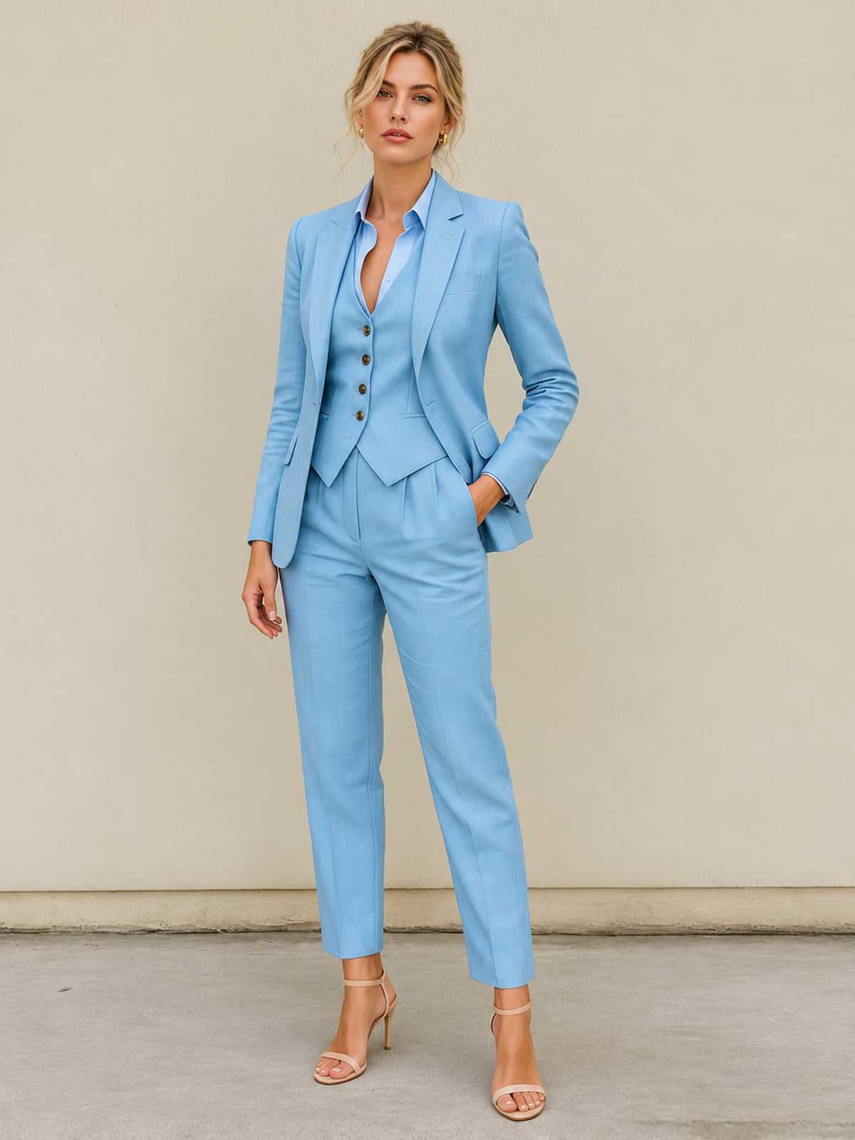 Light Blue Notch Lapel Blazer Paired With Tapered Cropped Pants 3-Piece Suit
