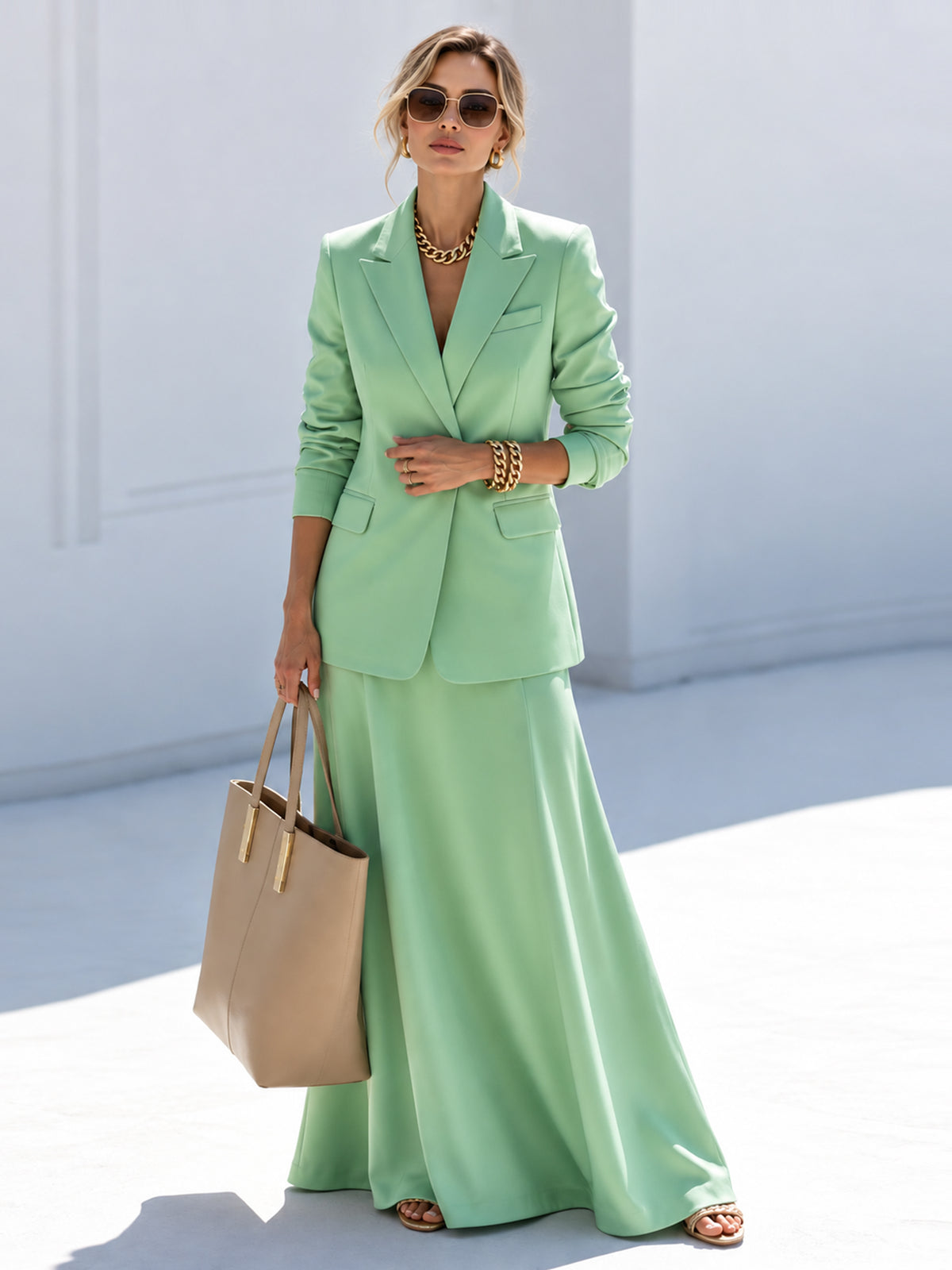 Light Green Blazer With Peak Lapels And A Long Skirt 2-Piece Suit
