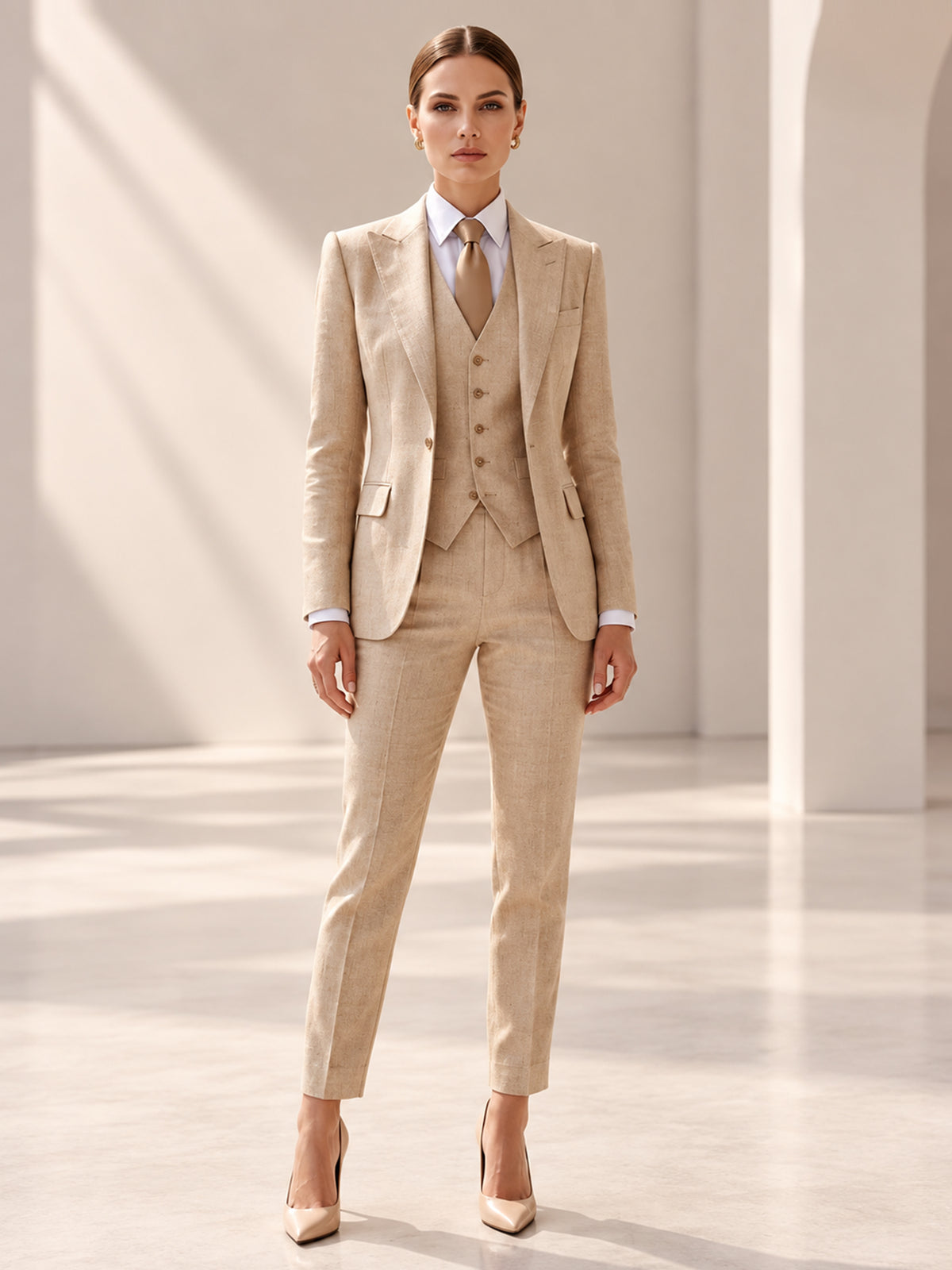Khaki Peak Lapel Blazer & Vast And Cropped Pants 3-Piece Suit