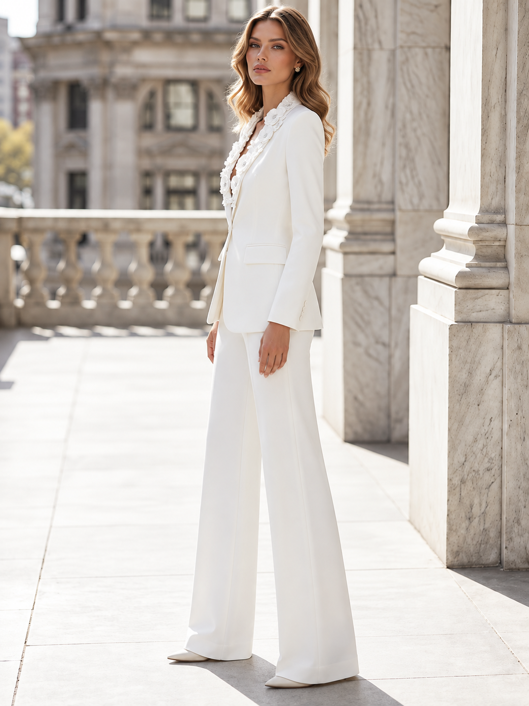 White Peak Lapel Blazer And Straight Leg Slightly Flared Pants 2-Piece Suit