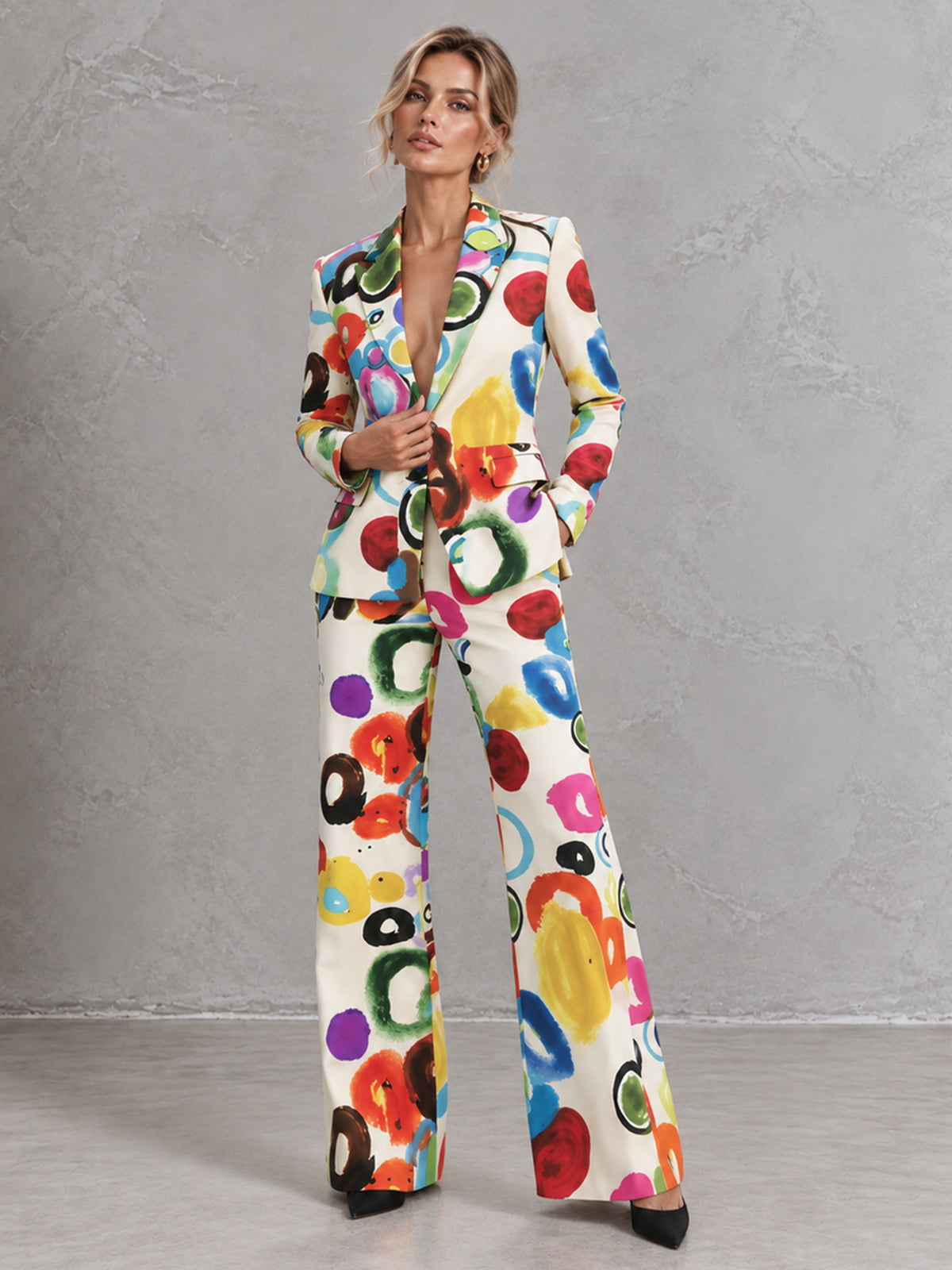 Colorful Printed Blazer With Peak Lapels And Flared Pants 2-Piece Suit