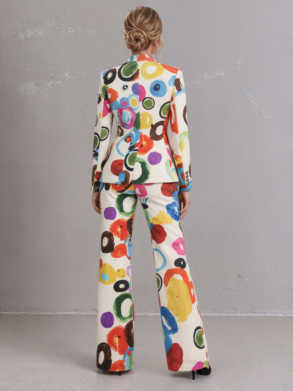Colorful Printed Blazer With Peak Lapels And Flared Pants 2-Piece Suit
