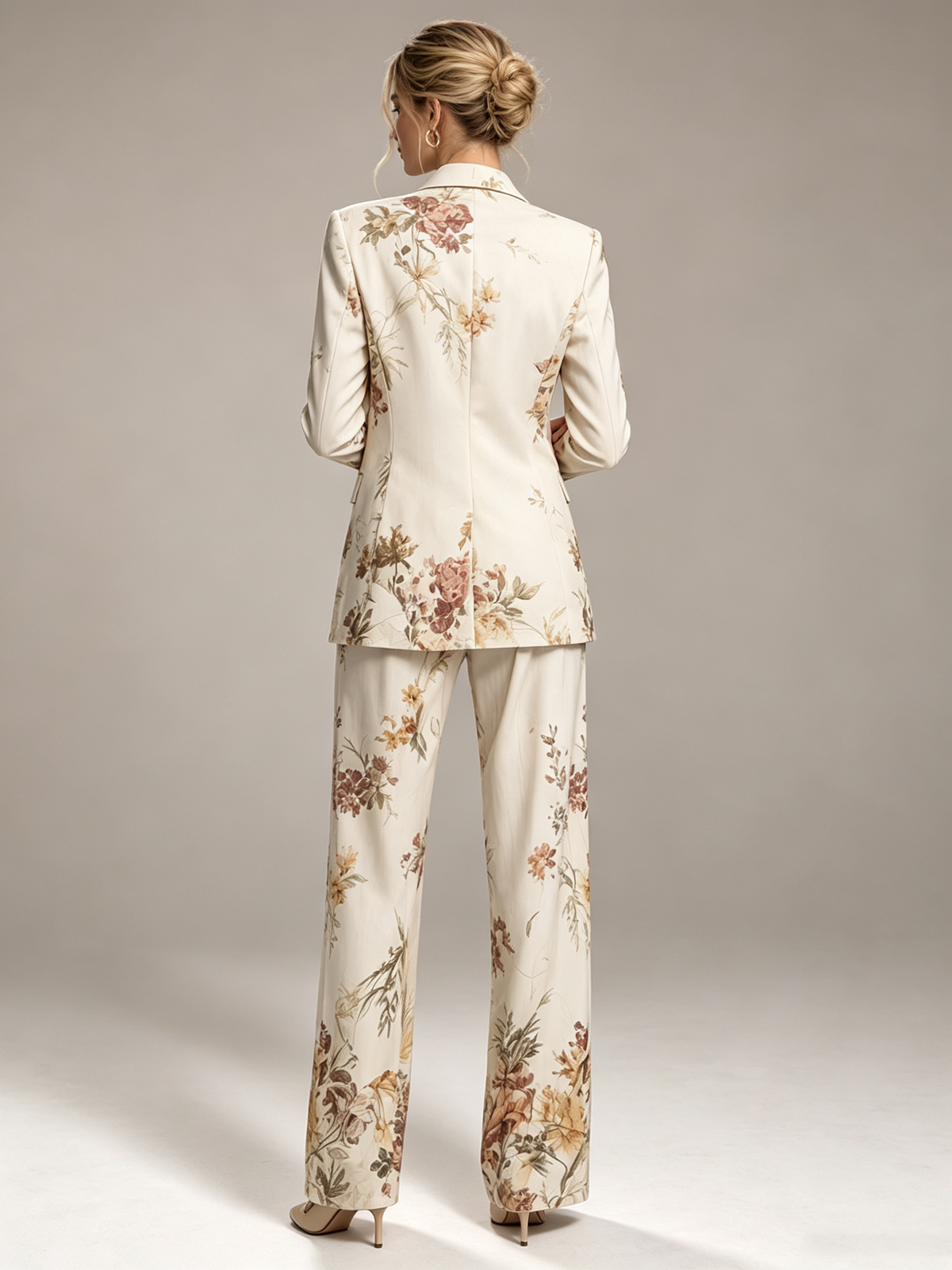 White Vintage Floral Print Notch Lapel Blazer & Wide Leg Trousers 2-Piece Suit
