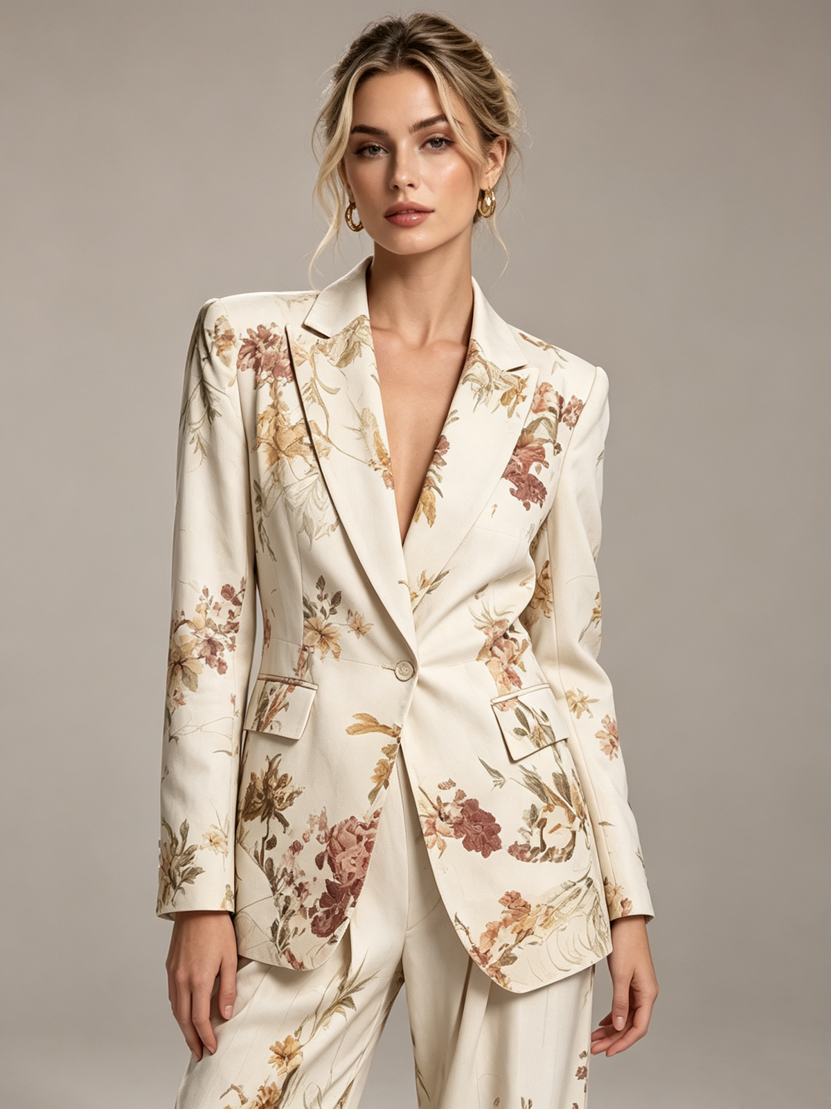 White Vintage Floral Print Notch Lapel Blazer & Wide Leg Trousers 2-Piece Suit