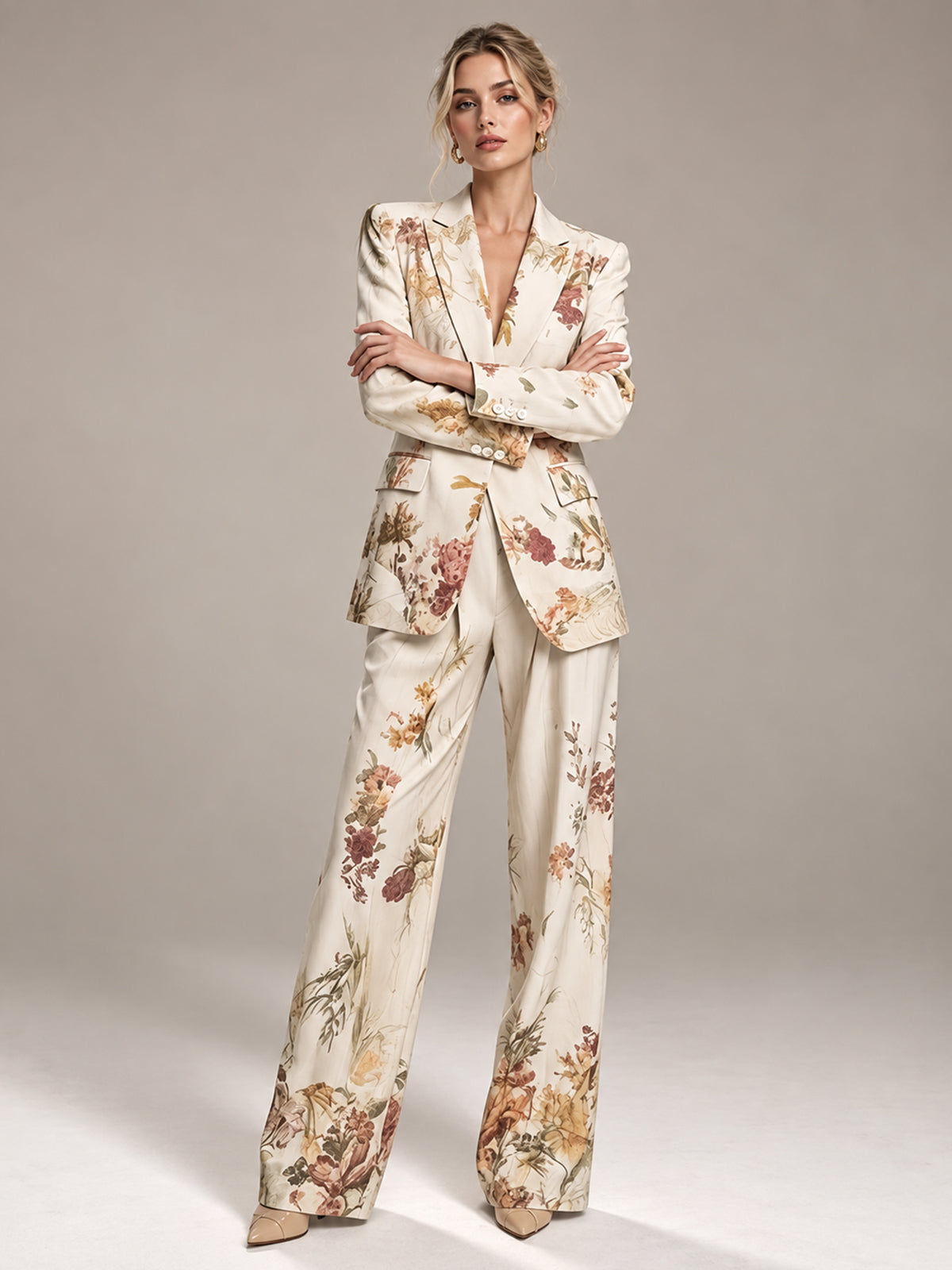 White Vintage Floral Print Notch Lapel Blazer & Wide Leg Trousers 2-Piece Suit