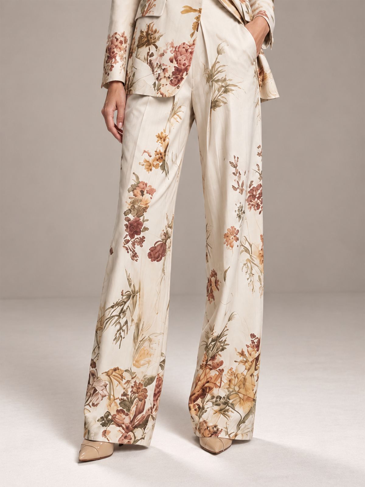 White Vintage Floral Print Notch Lapel Blazer & Wide Leg Trousers 2-Piece Suit