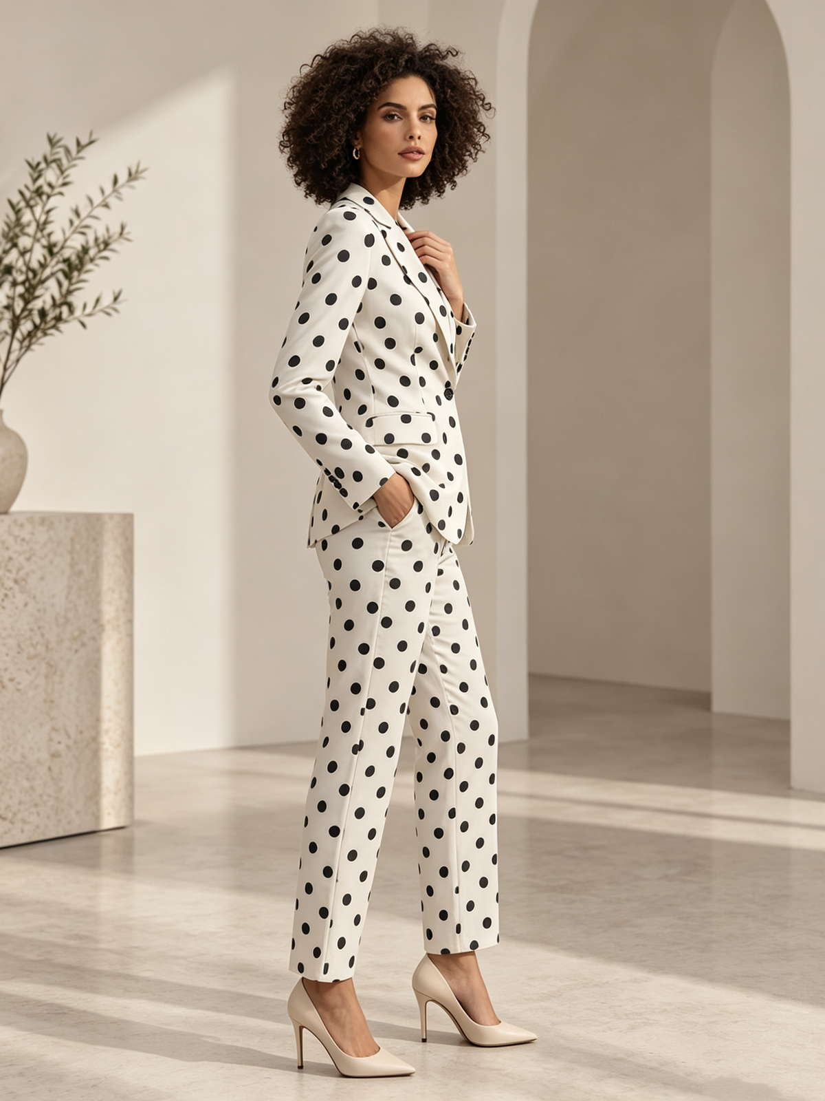 Off White Black Polka Dot Notch Lapel Blazer & Straight Trousers 2-Piece Suit