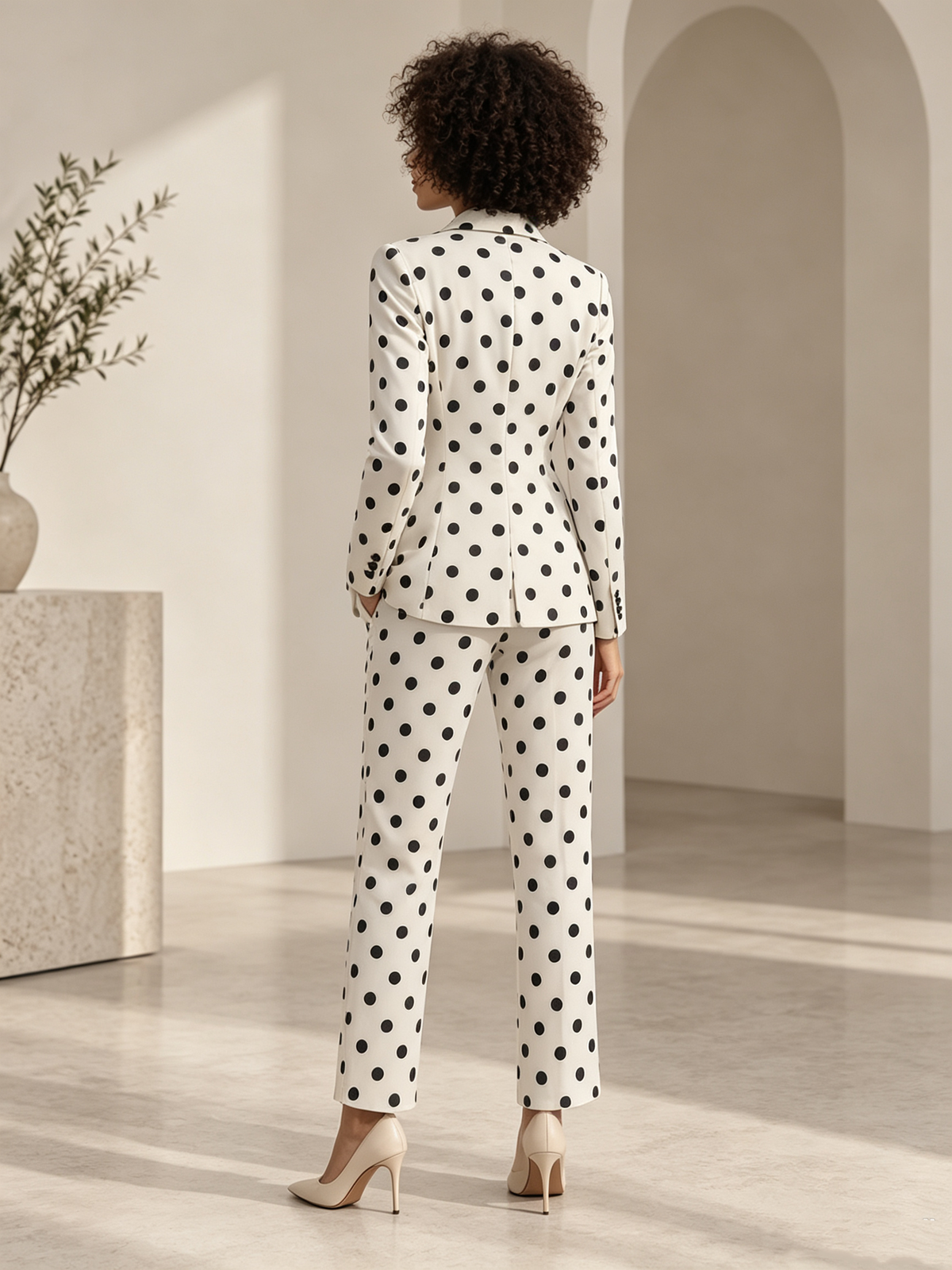 Off White Black Polka Dot Notch Lapel Blazer & Straight Trousers 2-Piece Suit