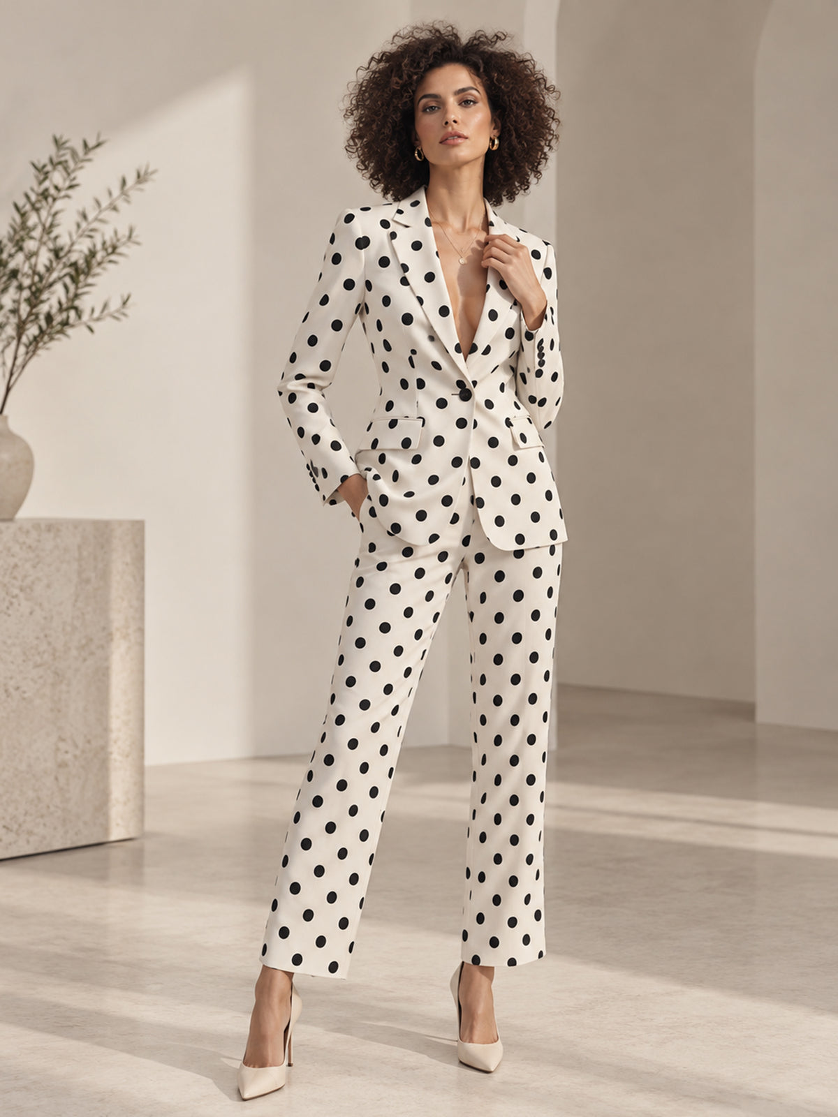 Off White Black Polka Dot Notch Lapel Blazer & Straight Trousers 2-Piece Suit