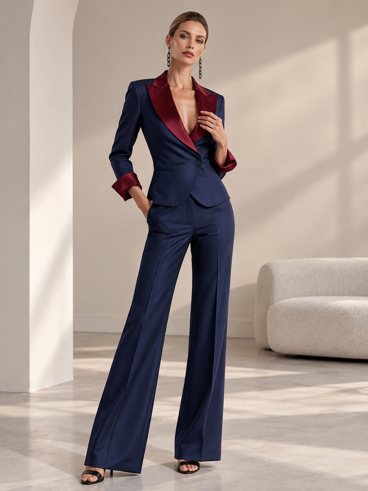 Navy Peak Lapel Blazer & Wide Leg Trousers 2-Piece Suit