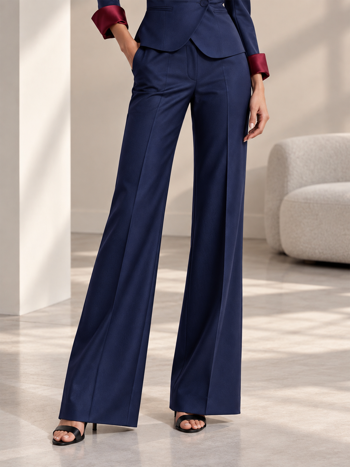 Navy Peak Lapel Blazer & Wide Leg Trousers 2-Piece Suit