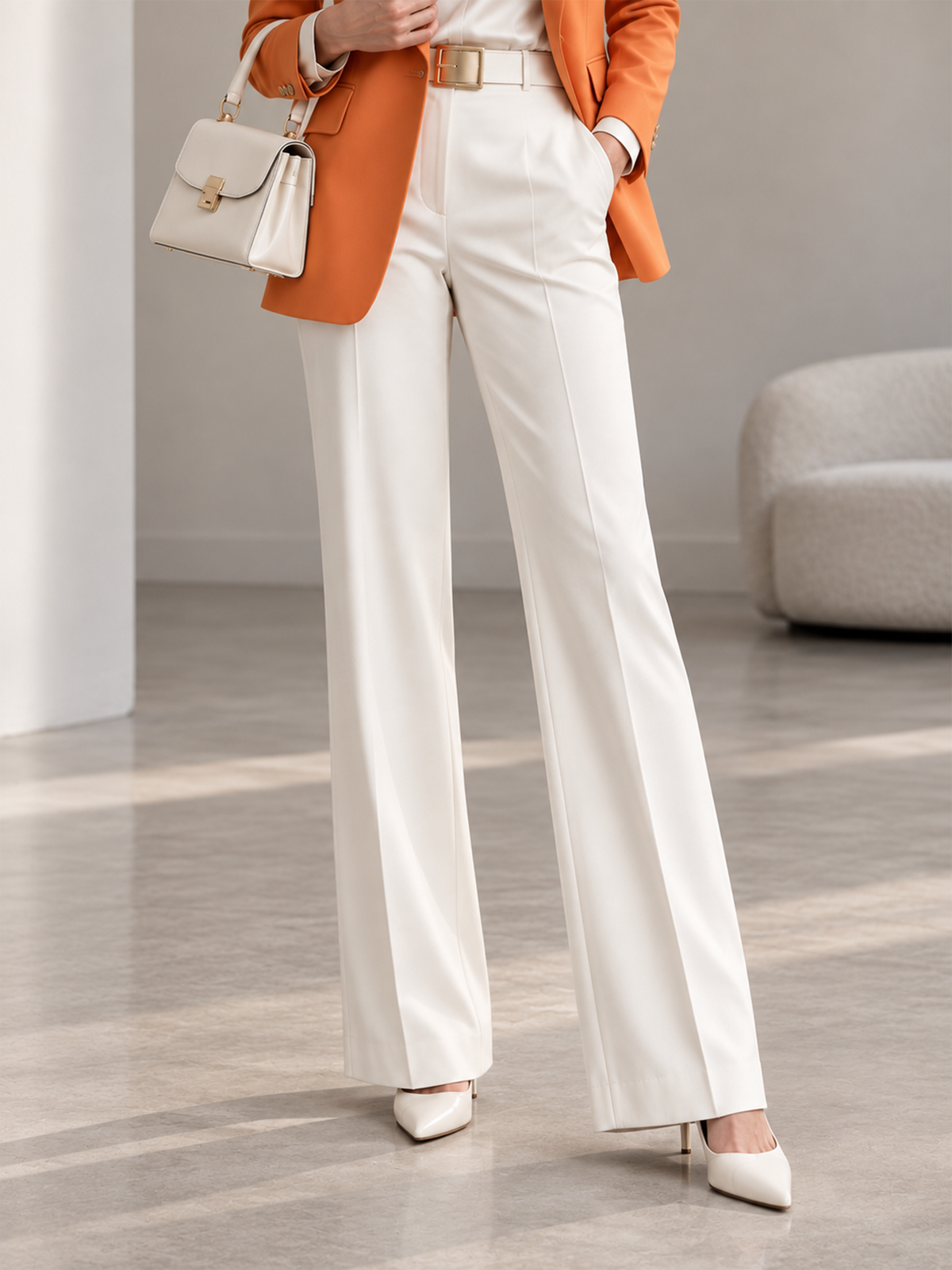 Orange Notch Lapel Open Blazer & Off White Wide Leg Trousers 2-Piece Suit
