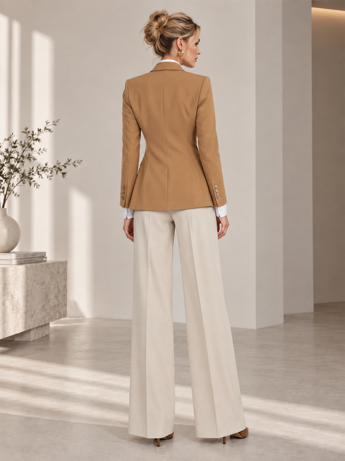 Camel Notch Lapel Open Blazer & Off White Wide Leg Trousers 2-Piece Suit