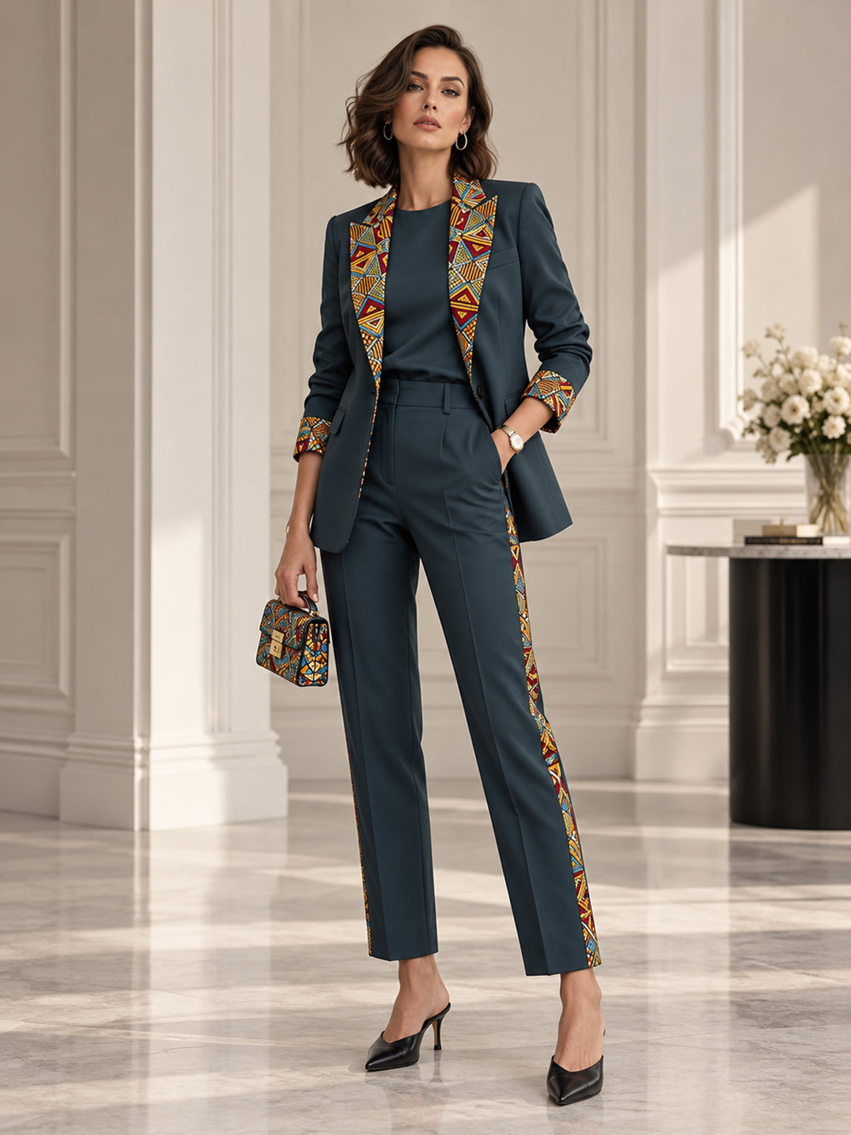 Teal Blazer With Geometric Ethnic Print Trim & Matching Tailored Trousers 2-Piece Suit