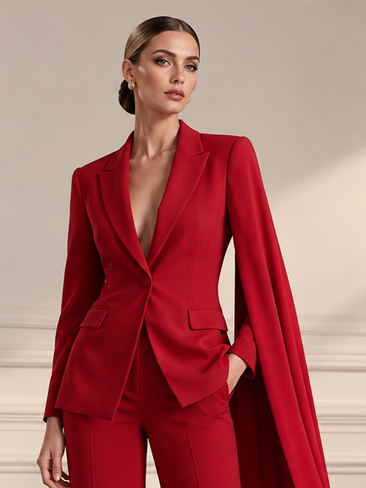 Red Cape Sleeve Notch Lapel Blazer & Wide Leg Trousers 2-Piece Suit