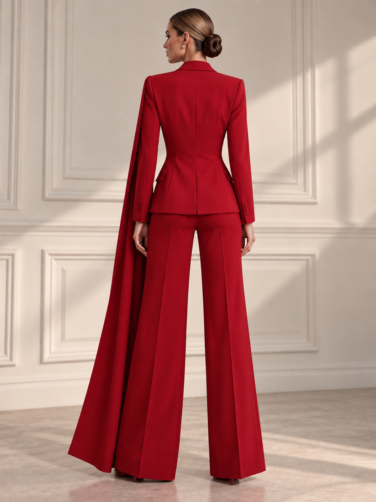 Red Cape Sleeve Notch Lapel Blazer & Wide Leg Trousers 2-Piece Suit