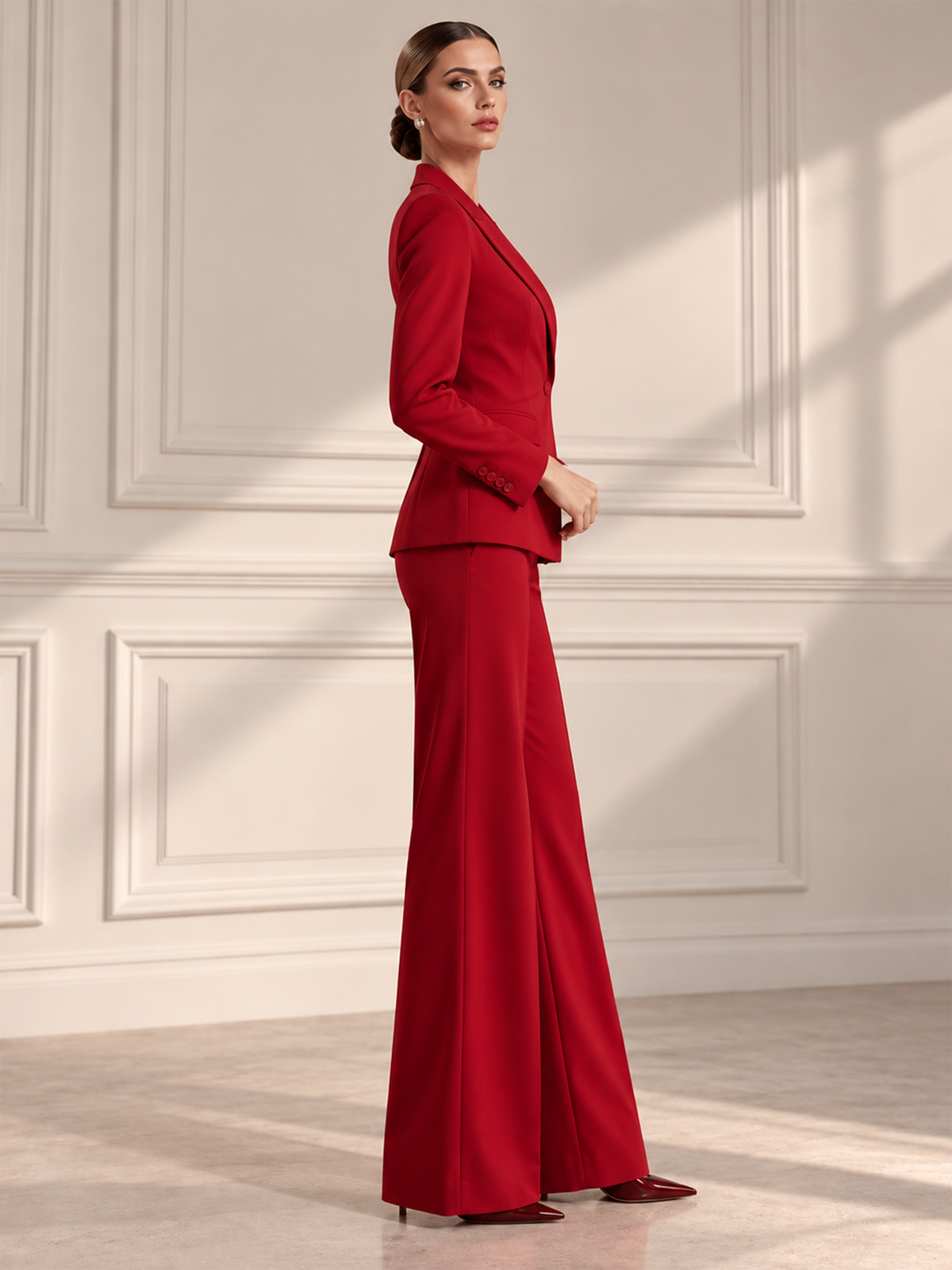 Red Cape Sleeve Notch Lapel Blazer & Wide Leg Trousers 2-Piece Suit