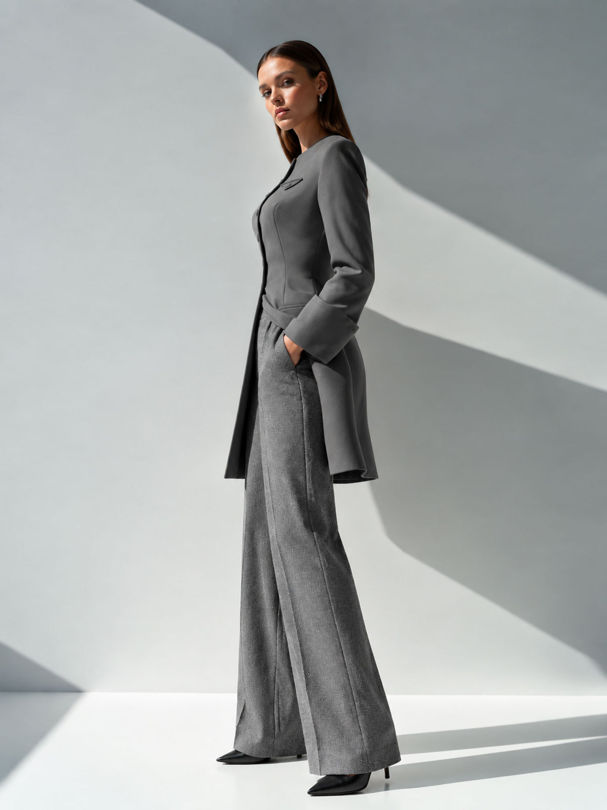 Grey Crew Neck Mid-Length Single Breasted Coat & Wide Leg Trousers 2-Piece Suit