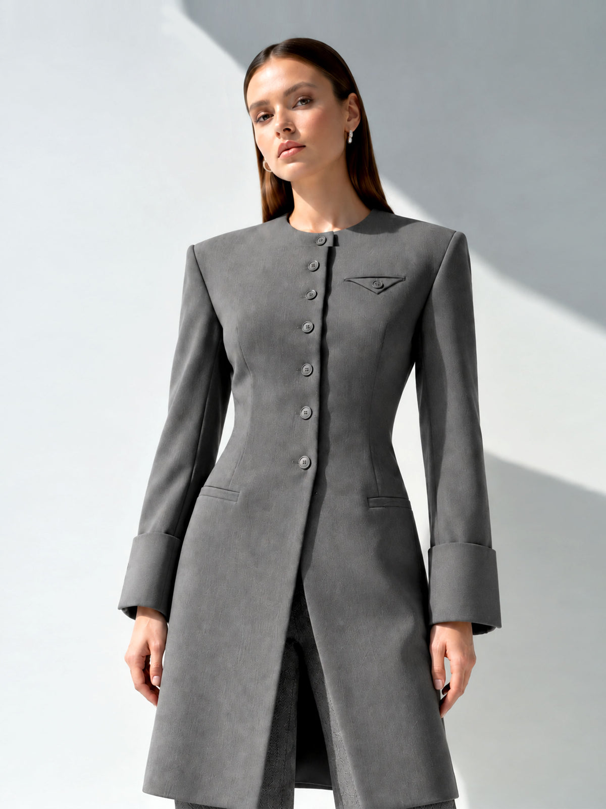 Grey Crew Neck Mid-Length Single Breasted Coat & Wide Leg Trousers 2-Piece Suit