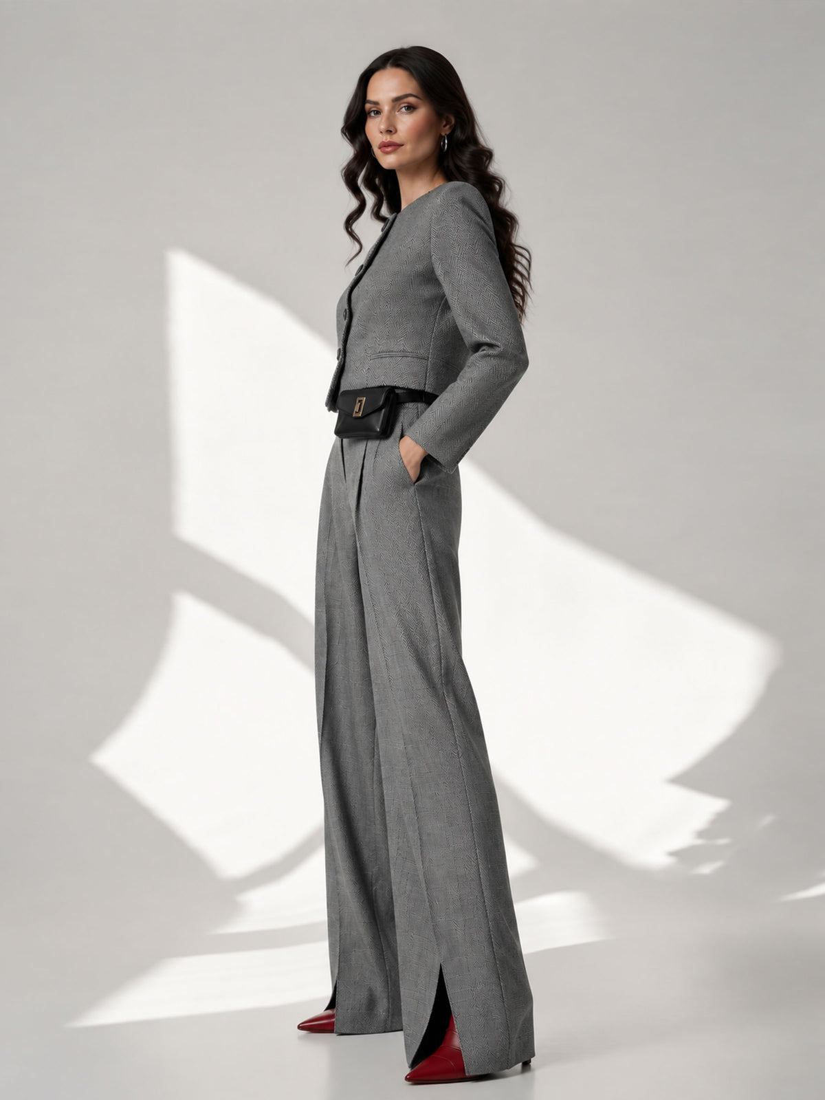 Grey Crewneck Cropped Single Breasted Coat & Wide Leg Trousers 2-Piece Suit