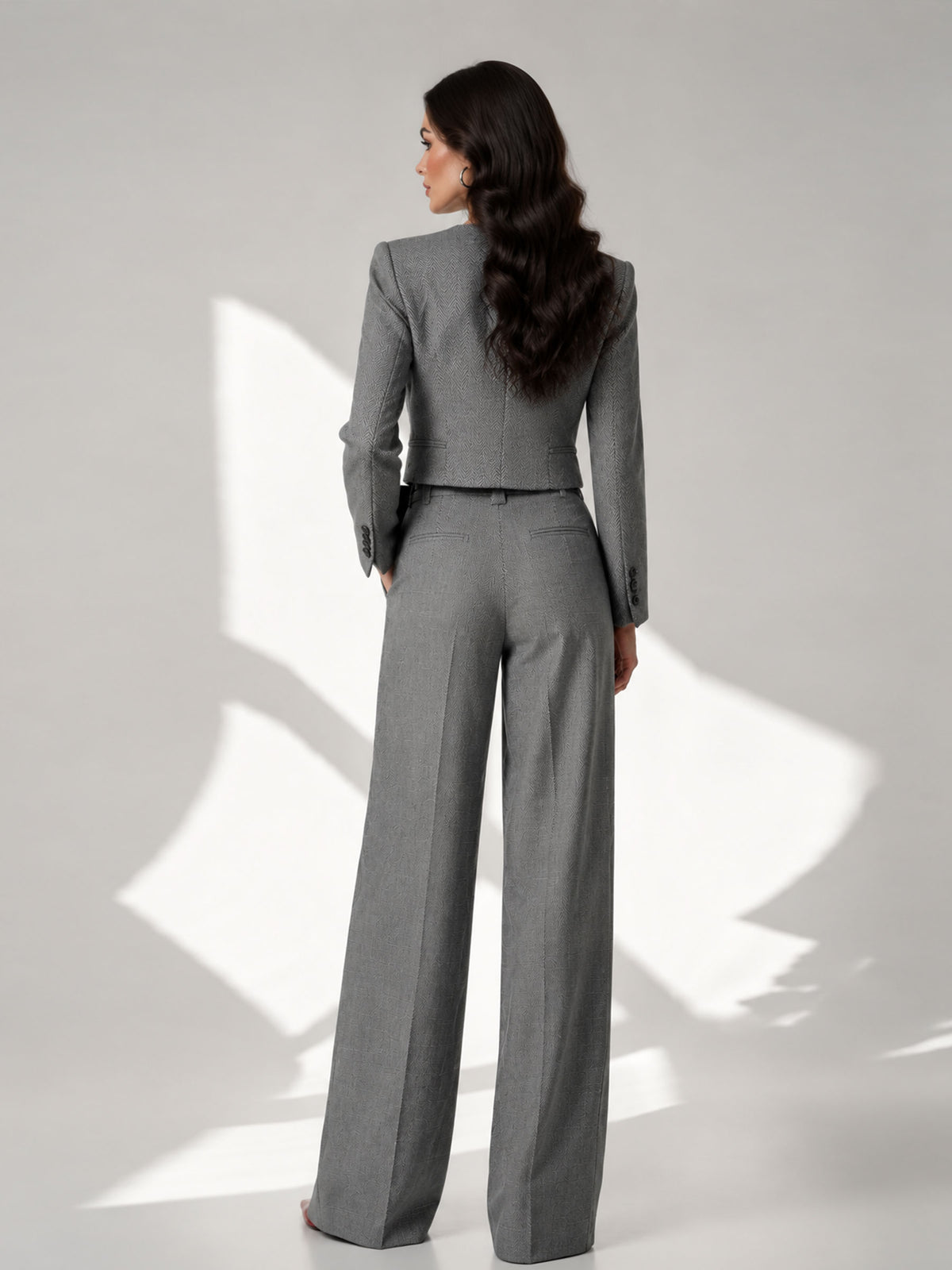 Grey Crewneck Cropped Single Breasted Coat & Wide Leg Trousers 2-Piece Suit