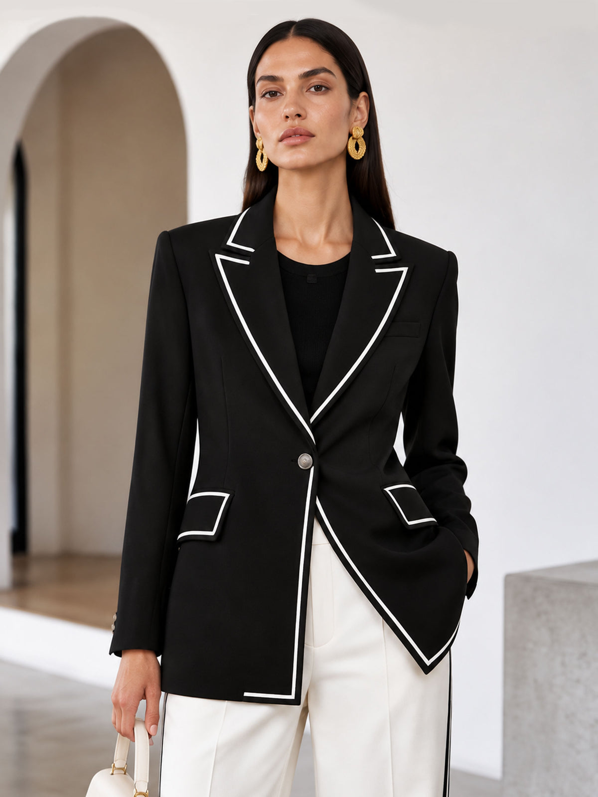 Black & White Color Block Notch Lapel One Button Blazer & White Straight Leg Trousers 2-Piece Suit
