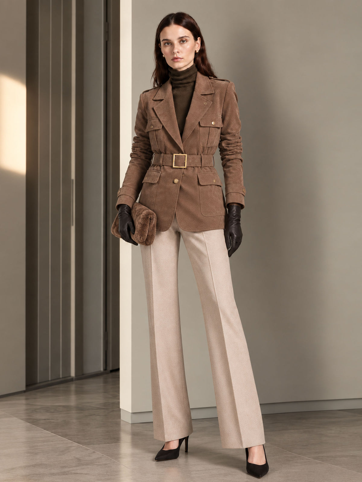 Dark Khaki Suede Notch Lapel Single Breasted Belted Coat & Mocha Straight Leg Trousers 2-Piece Suit