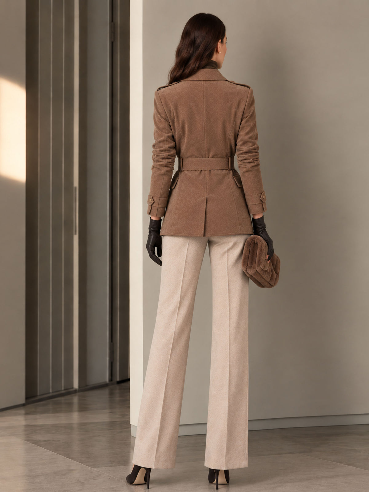 Dark Khaki Suede Notch Lapel Single Breasted Belted Coat & Mocha Straight Leg Trousers 2-Piece Suit