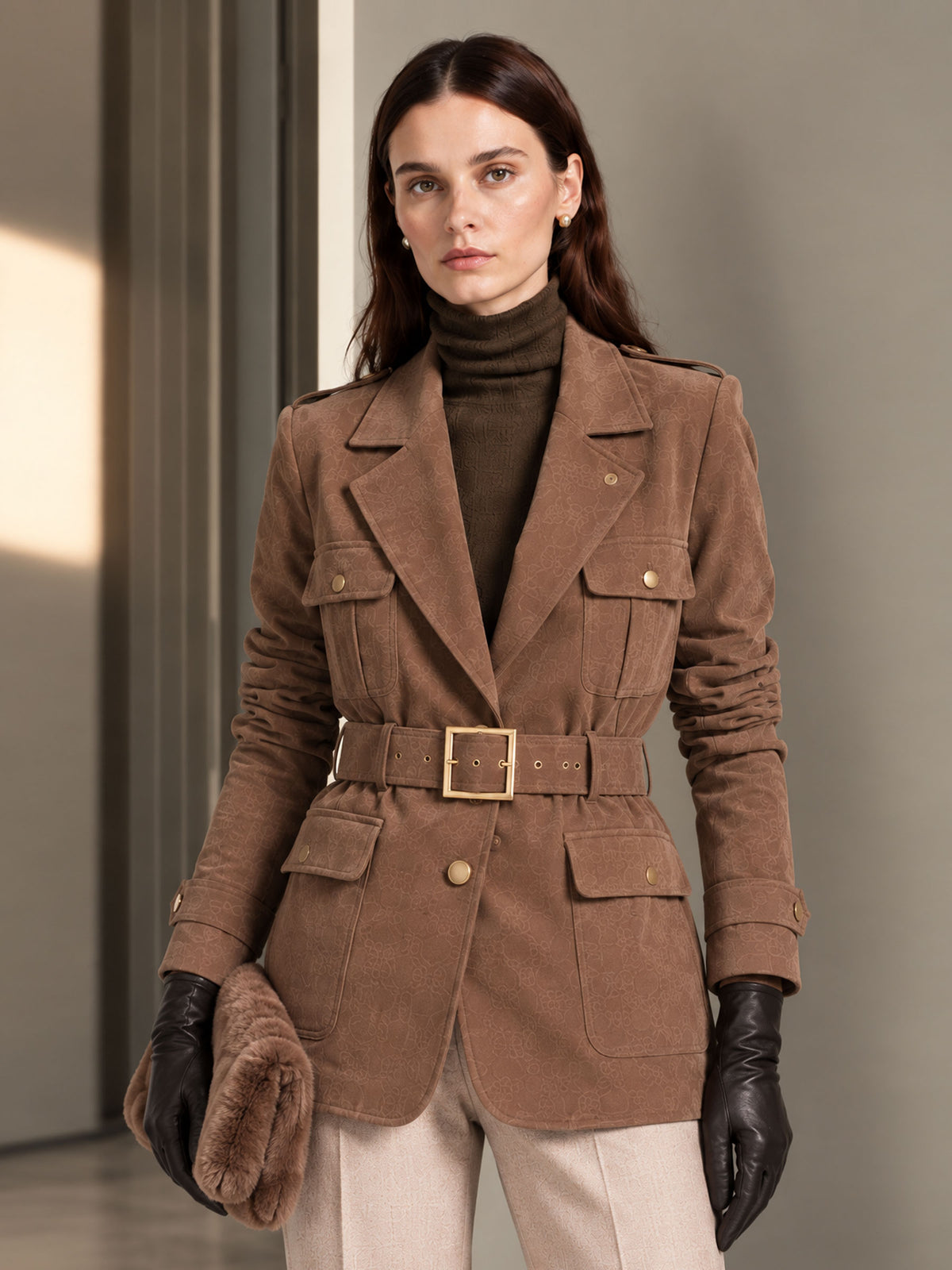 Dark Khaki Suede Notch Lapel Single Breasted Belted Coat & Mocha Straight Leg Trousers 2-Piece Suit