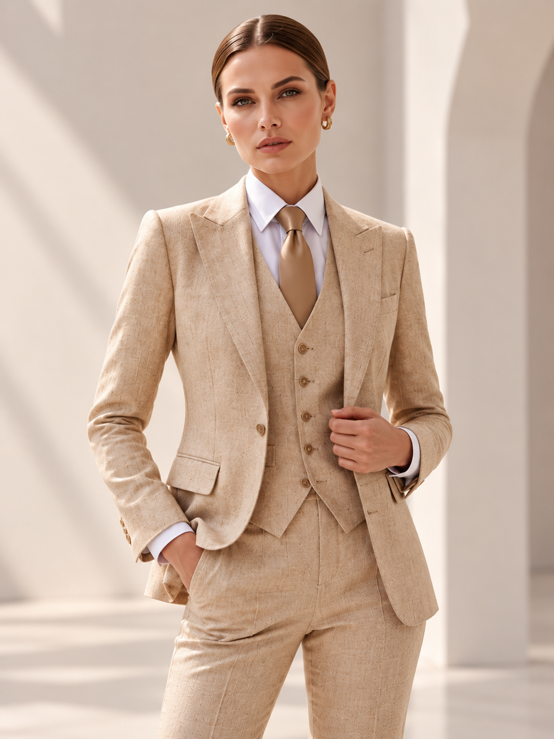 Khaki Peak Lapel Blazer & Vast And Cropped Pants 3-Piece Suit