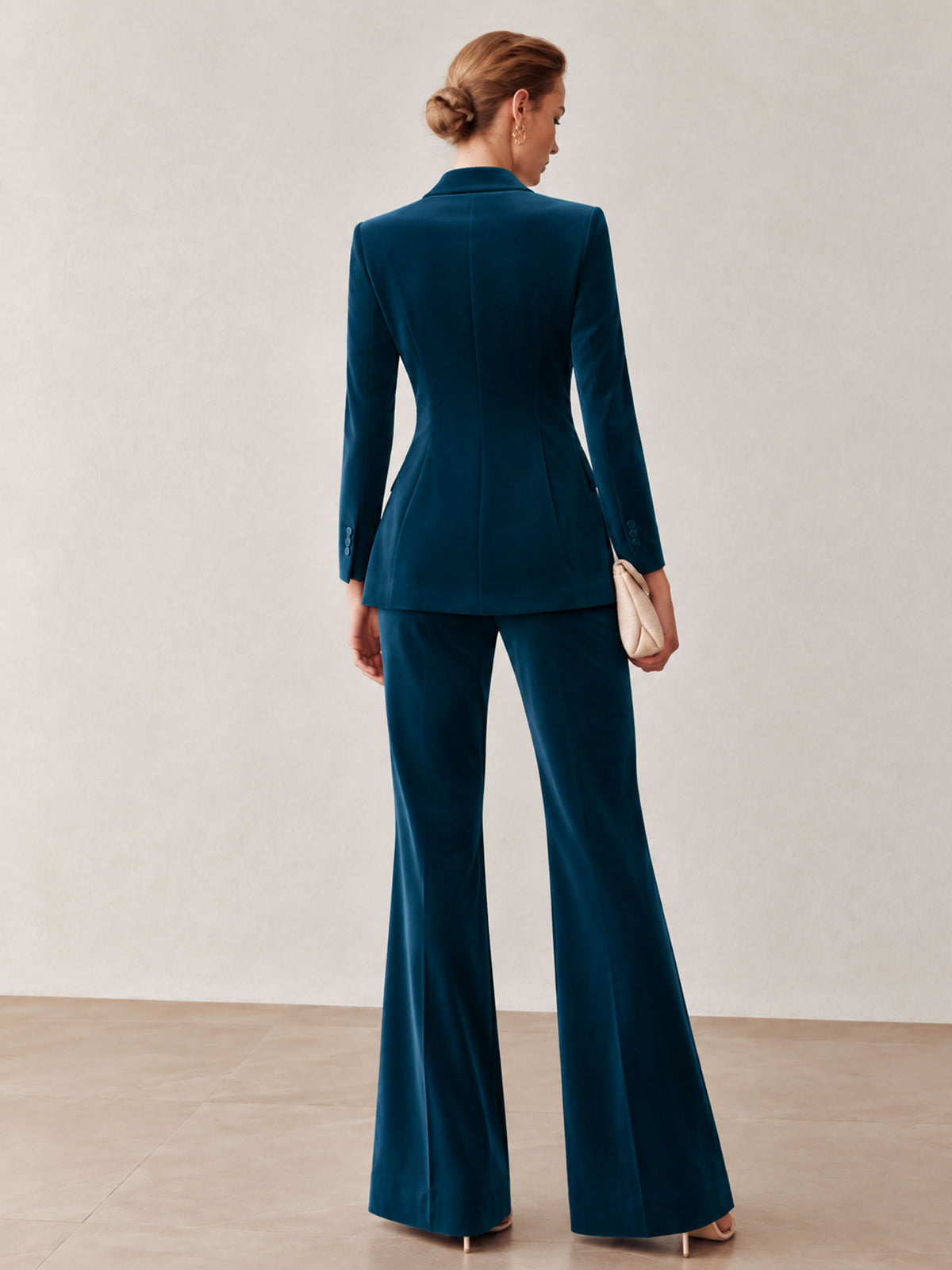 Peacock Blue Velvet Shawl Collar Tassel Blazer & Flared Pants 2-Piece Suit