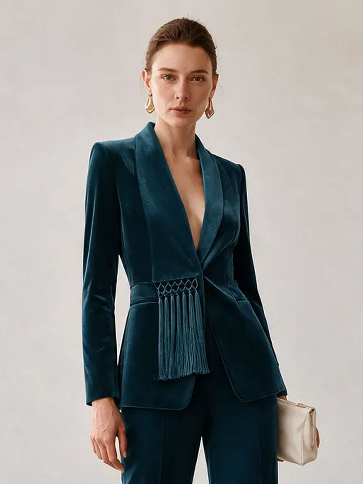 Peacock Blue Velvet Asymmetrical Lapel Tassel Blazer & Wide Leg Pants 2-Piece Suit